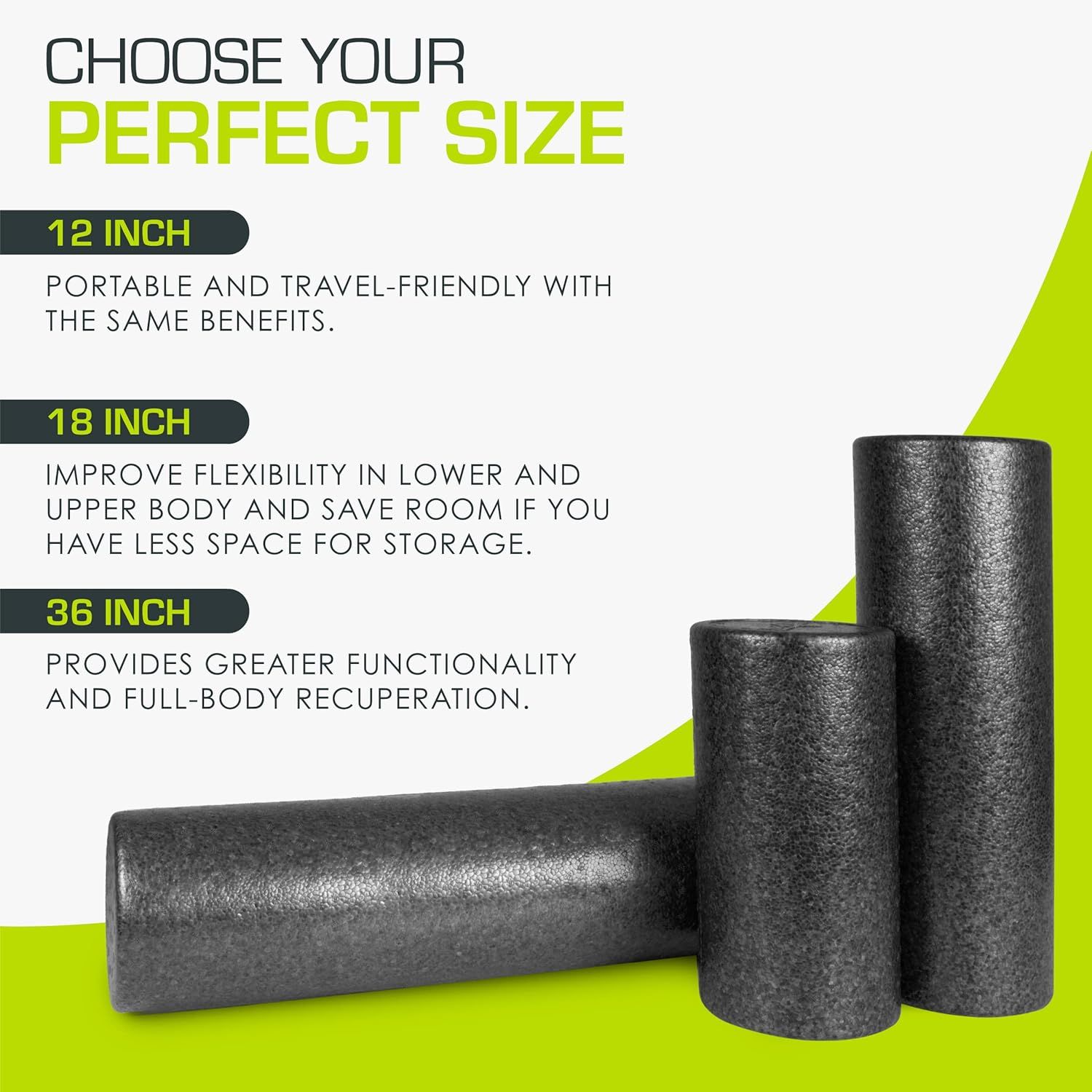 Helps shoppers choose the right foam roller size from the brand's product lineup by explaining the benefits and use cases of each size option (12, 18, and 36 inch).