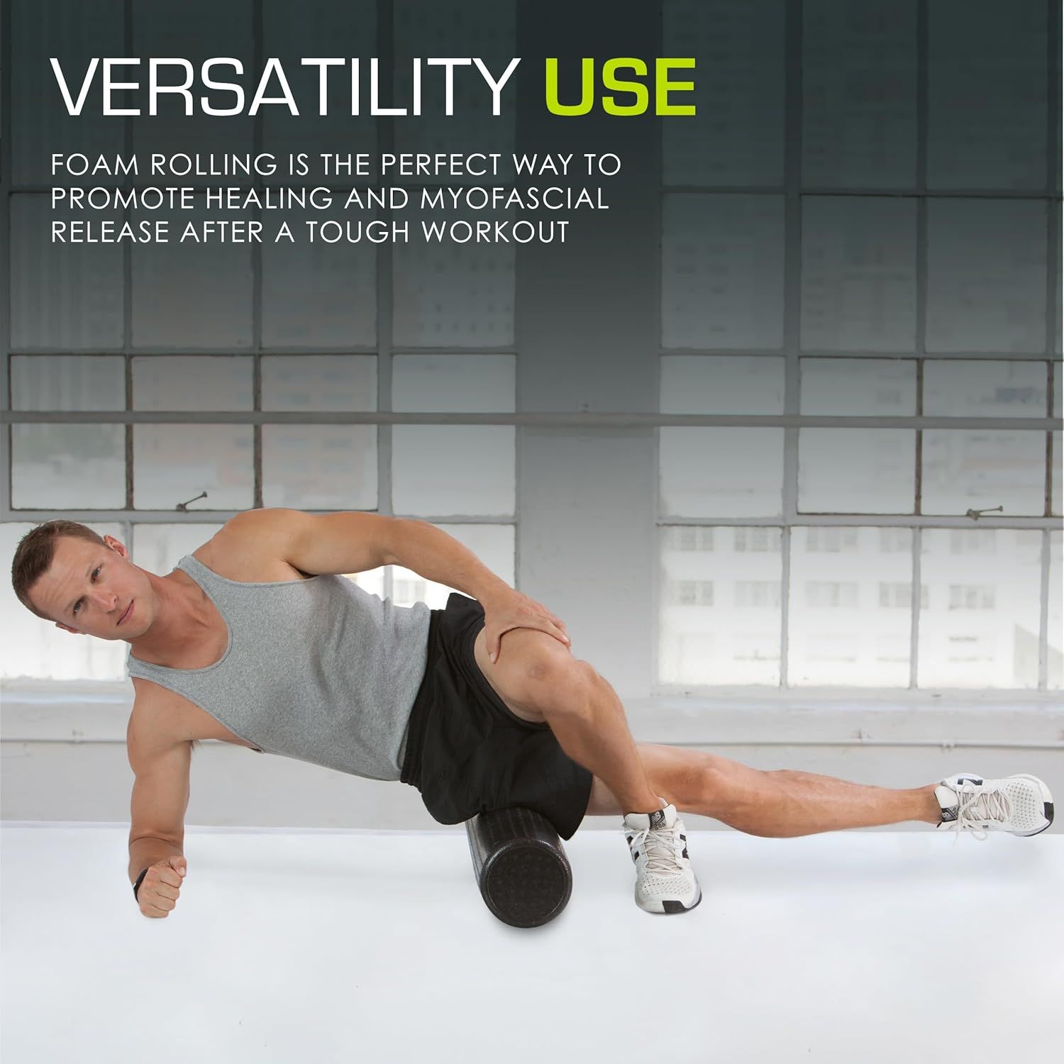Demonstrates one specific use case for the foam roller—post-workout myofascial release and healing—to show shoppers how the product fits into their fitness routine. Highlights the versatile use of…