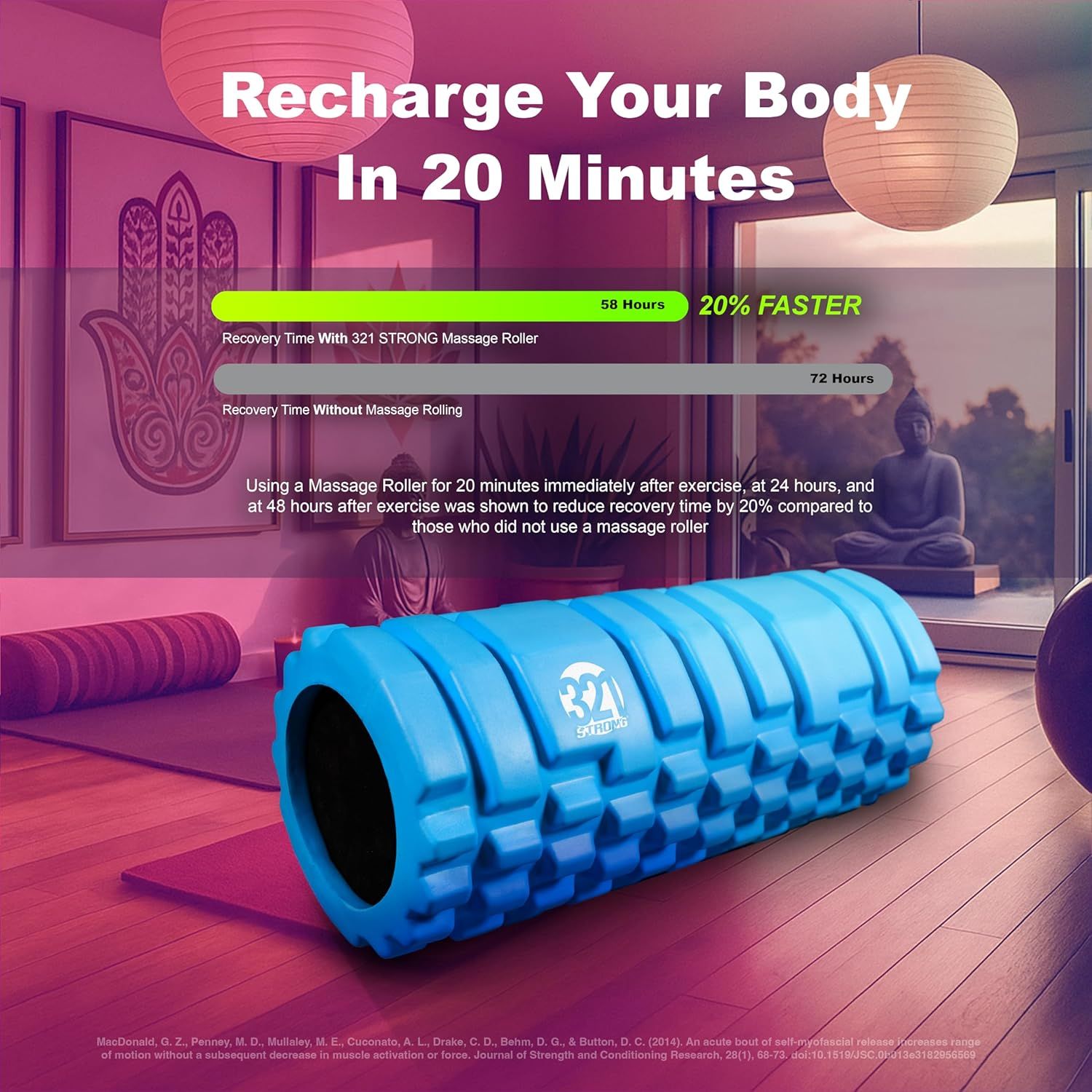 Communicates the quantifiable performance benefit of using the massage roller, showing it reduces recovery time by 20% (58 hours vs 72 hours) to convince shoppers of its effectiveness. Highlights…