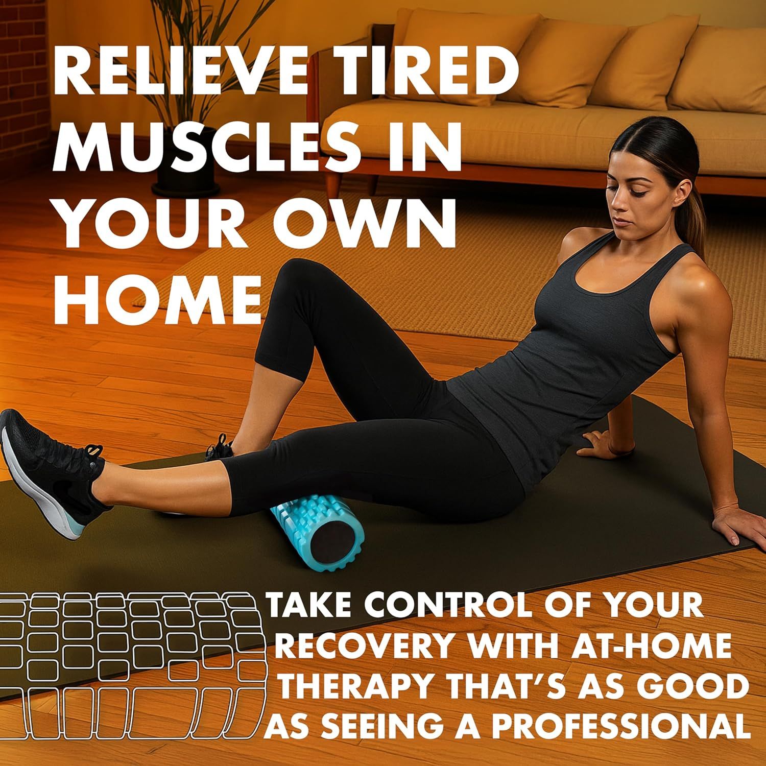 Communicates that the product (foam roller) provides professional-quality muscle recovery therapy in the convenience of your own home, positioning it as an effective solution for tired muscles.
