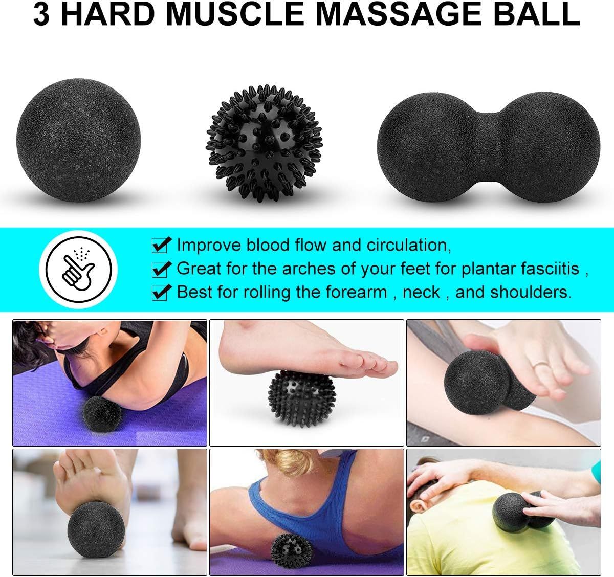 Demonstrates the multiple ways and body areas where the massage balls can be used, including feet, shoulders, neck, forearms, and back, to show versatility and broad applicability for muscle relief.…