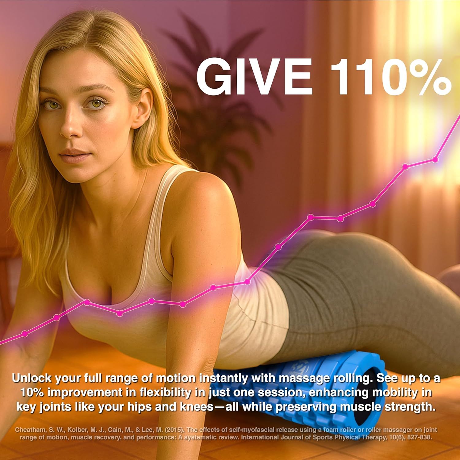 Communicates a quantifiable performance claim about flexibility improvement to demonstrate the product's effectiveness and fast results. Highlights the core benefit of massage rolling for unlocking…