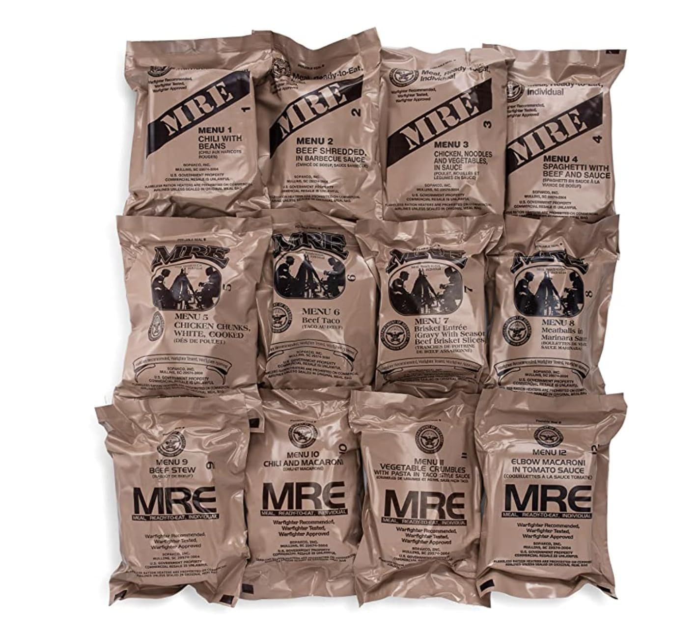 Shows the complete variety pack of 12 different MRE (Meal Ready-to-Eat) meals included in the purchase, helping shoppers understand the full contents and menu variety they will receive.
