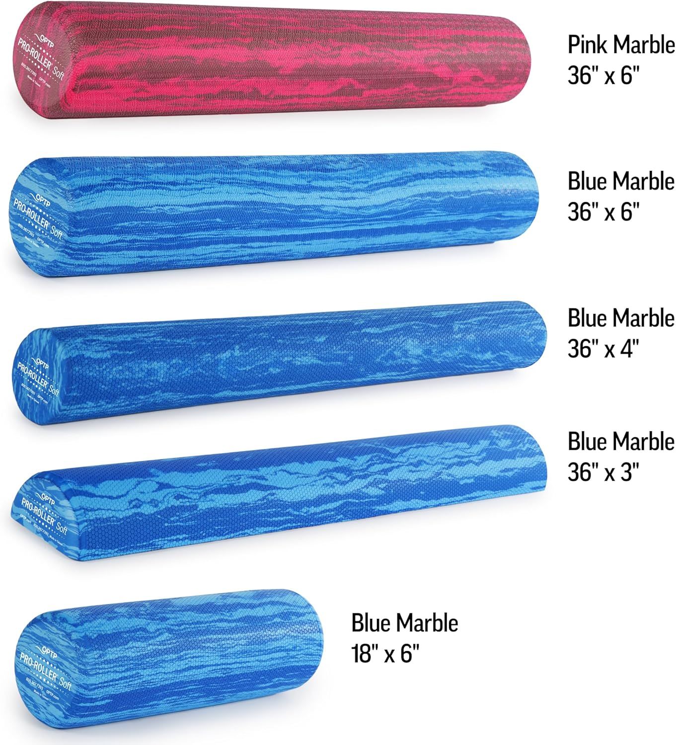 Displays the brand's full product lineup of foam rollers, showing shoppers the available size and color options to help them choose the right variant for their needs.