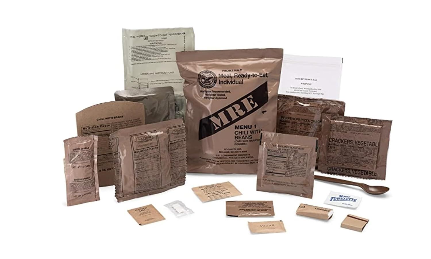 Shows all the items included in the MRE (Meal Ready-to-Eat) package, including the main meal, crackers, condiments, utensils, and accessories, to help shoppers understand the full value and…