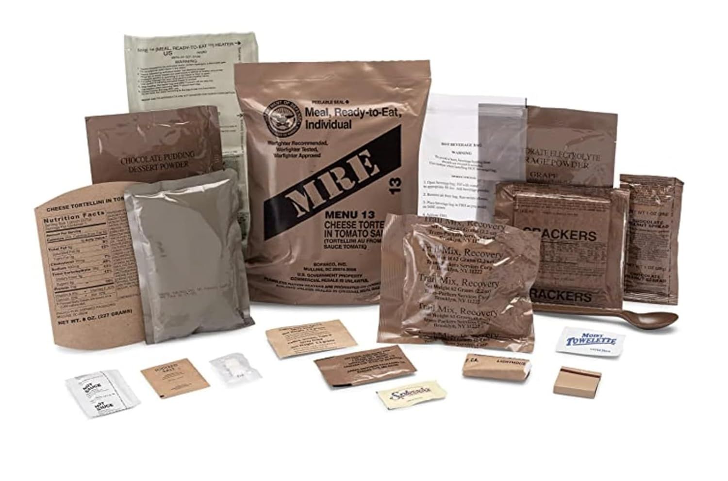 Shows all the items included in the MRE (Meal Ready-to-Eat) package to help shoppers understand the full value and completeness of what they receive with their purchase.