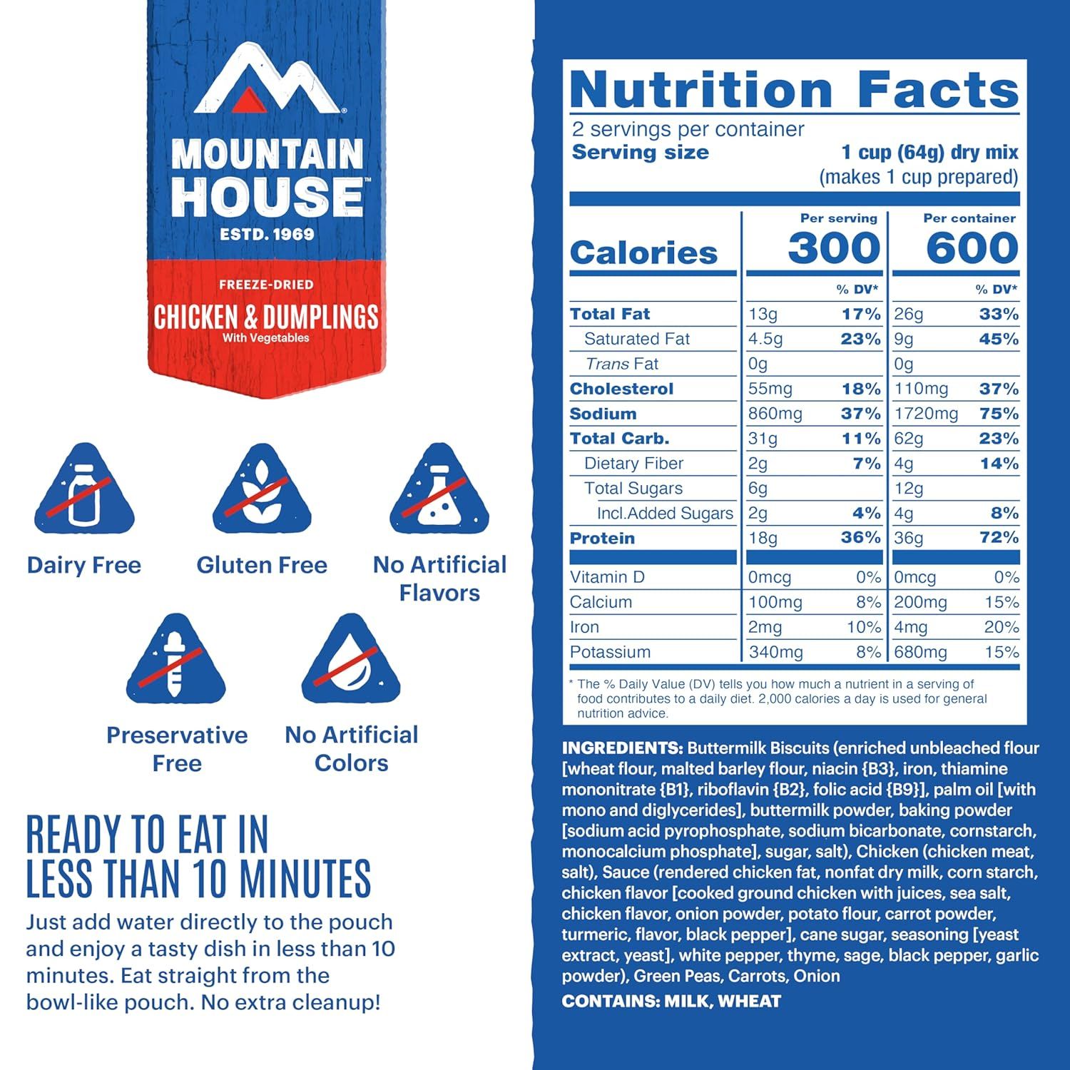 Communicates multiple product benefits including dietary accommodations (dairy-free, gluten-free), clean ingredients (no artificial flavors/colors/preservatives), and convenience (ready in under 10…