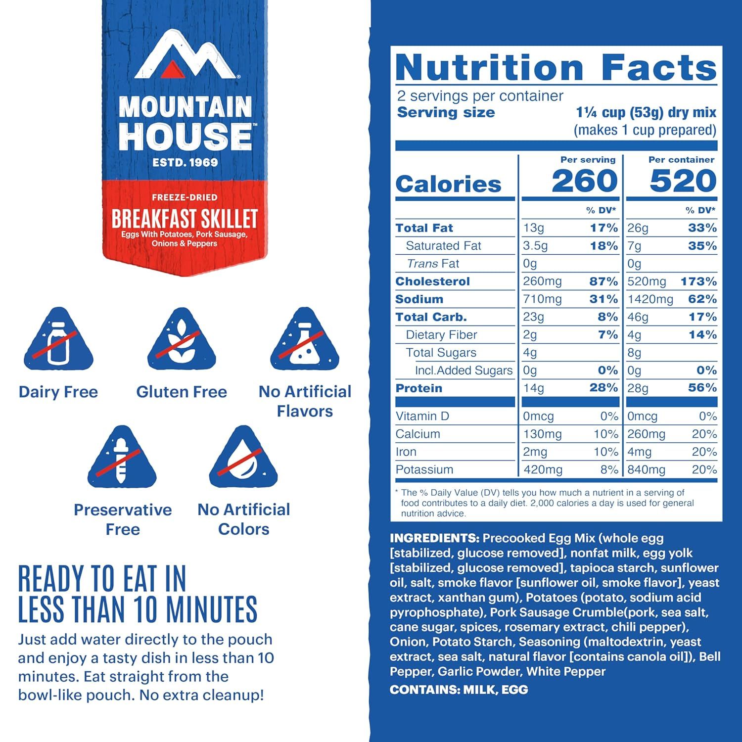 Communicates multiple product benefits including dietary accommodations (dairy-free, gluten-free), clean ingredients (no artificial flavors/colors/preservatives), and convenience (ready in under 10…