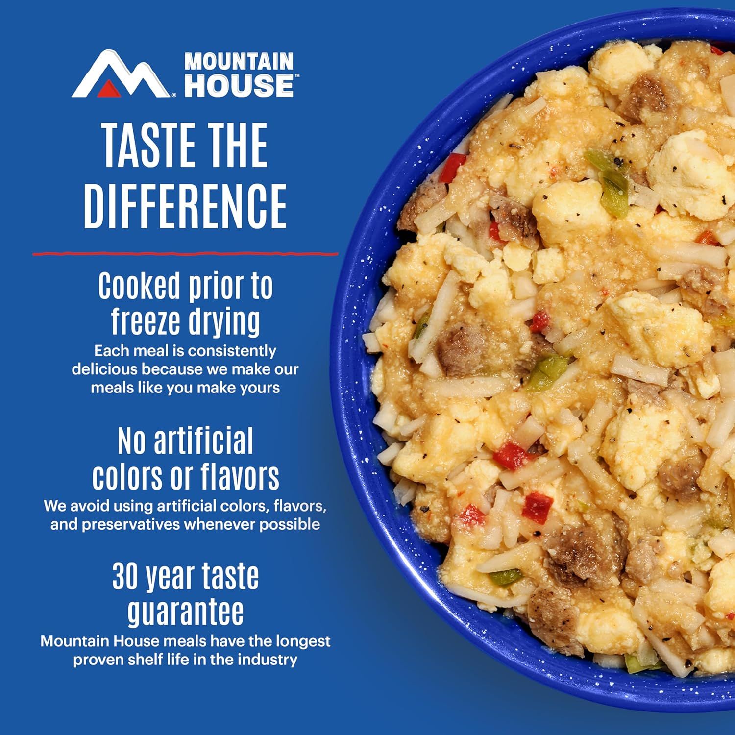 Communicates multiple distinct brand benefits in a segmented layout to reassure shoppers about quality, natural ingredients, and long shelf life.