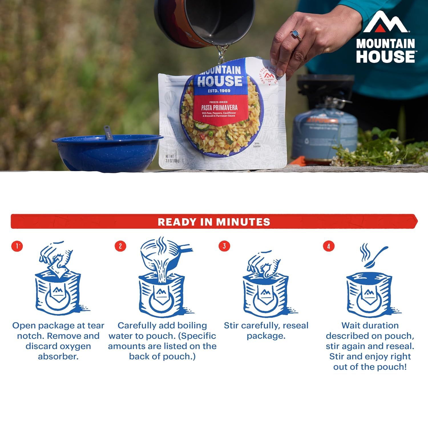Demonstrates the simple 4-step process for preparing the freeze-dried meal, reassuring shoppers that it's quick and easy to make in outdoor or camping settings.