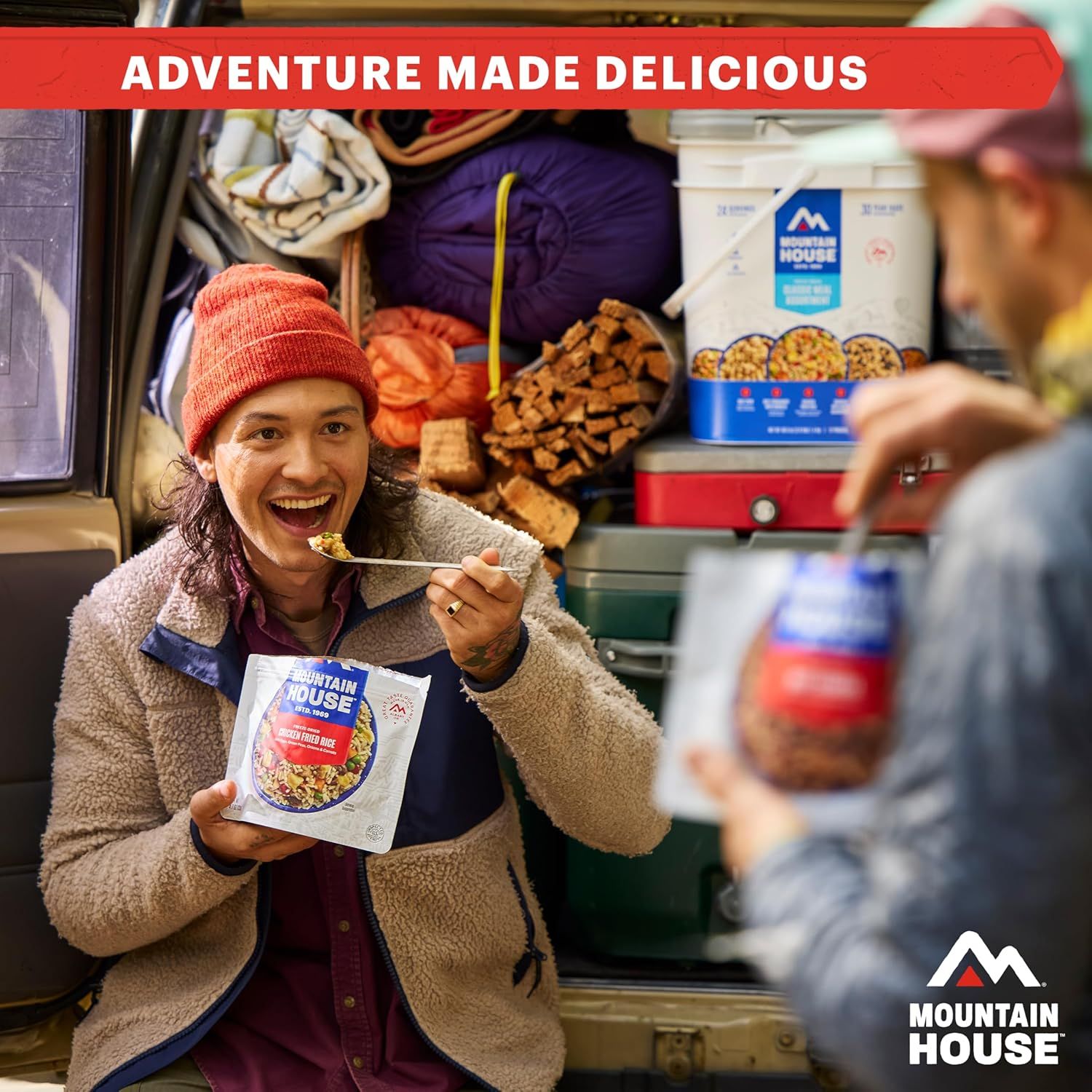 Showcases the product being enjoyed in a real-world outdoor/camping setting to help shoppers envision using the freeze-dried meals during their own adventures and create an emotional connection with…