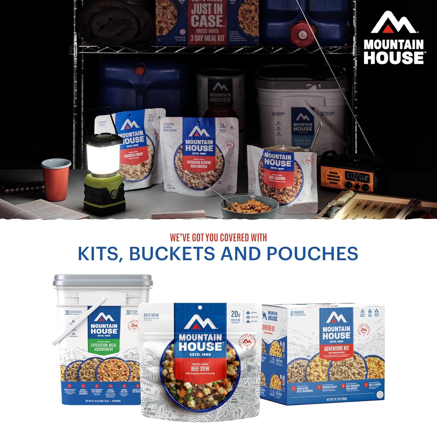 Showcases the Mountain House brand's full product portfolio across different packaging formats (kits, buckets, and pouches) to help shoppers understand the range of options available and reinforce…