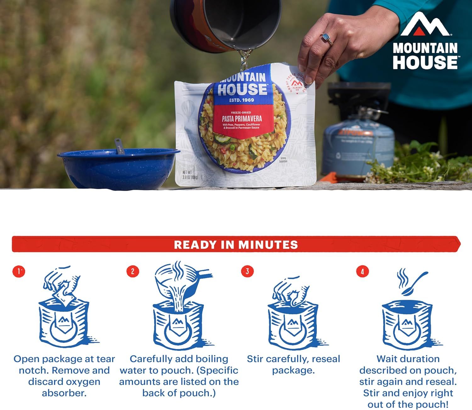 Demonstrates the simple 4-step process for preparing the freeze-dried meal, reassuring shoppers that it's quick and easy to make outdoors.
