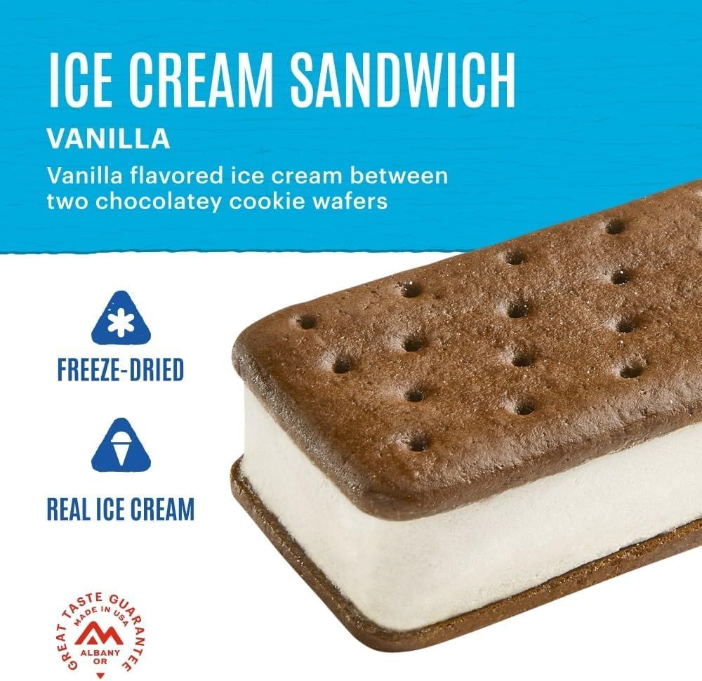 Communicates multiple product benefits in a segmented layout: freeze-dried technology, real ice cream quality, and flavor description to reassure shoppers of product quality and authenticity.