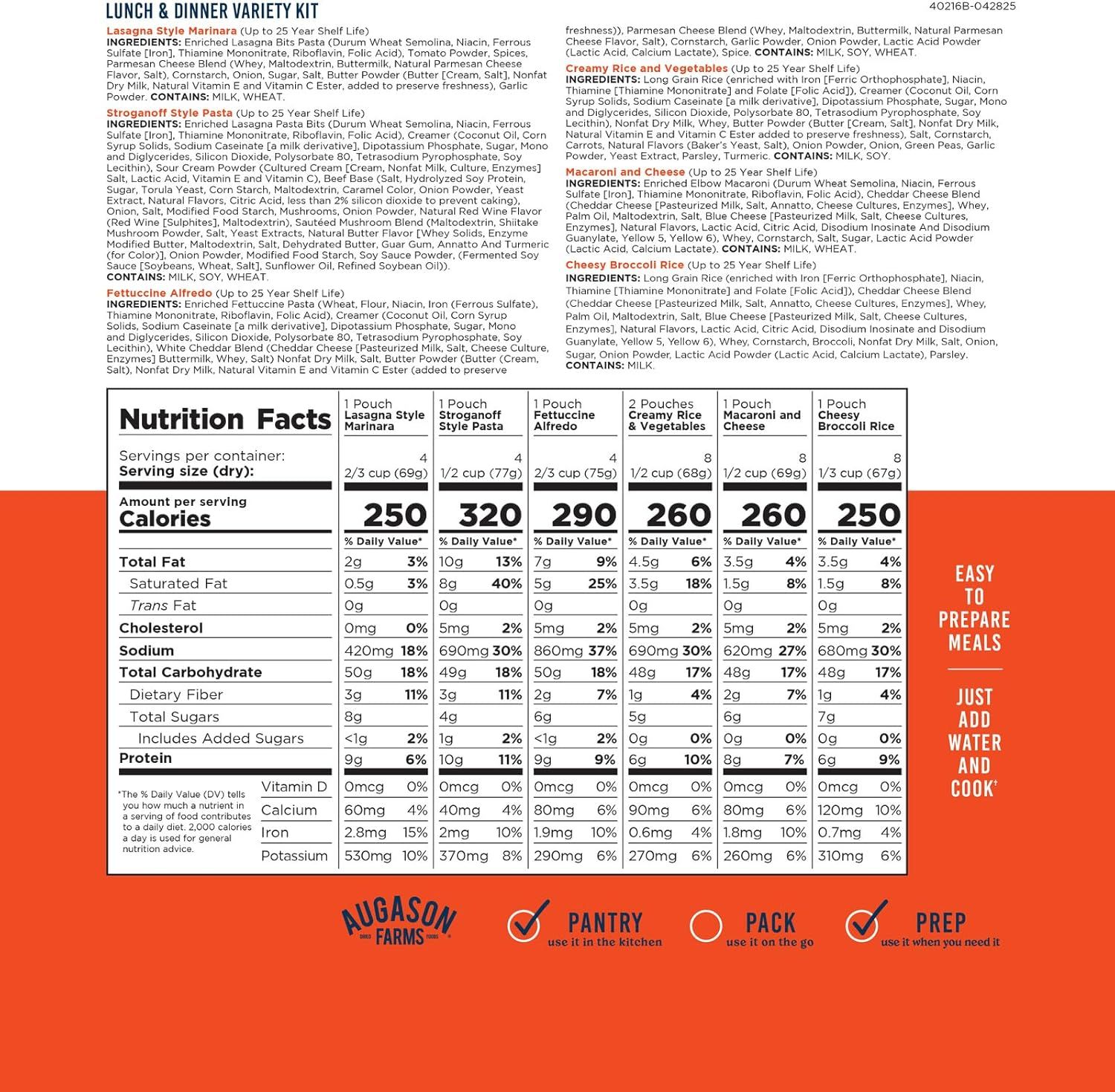 Shows the complete variety kit contents with detailed nutrition facts for all six meal options, helping shoppers understand exactly what they receive and make informed dietary choices.