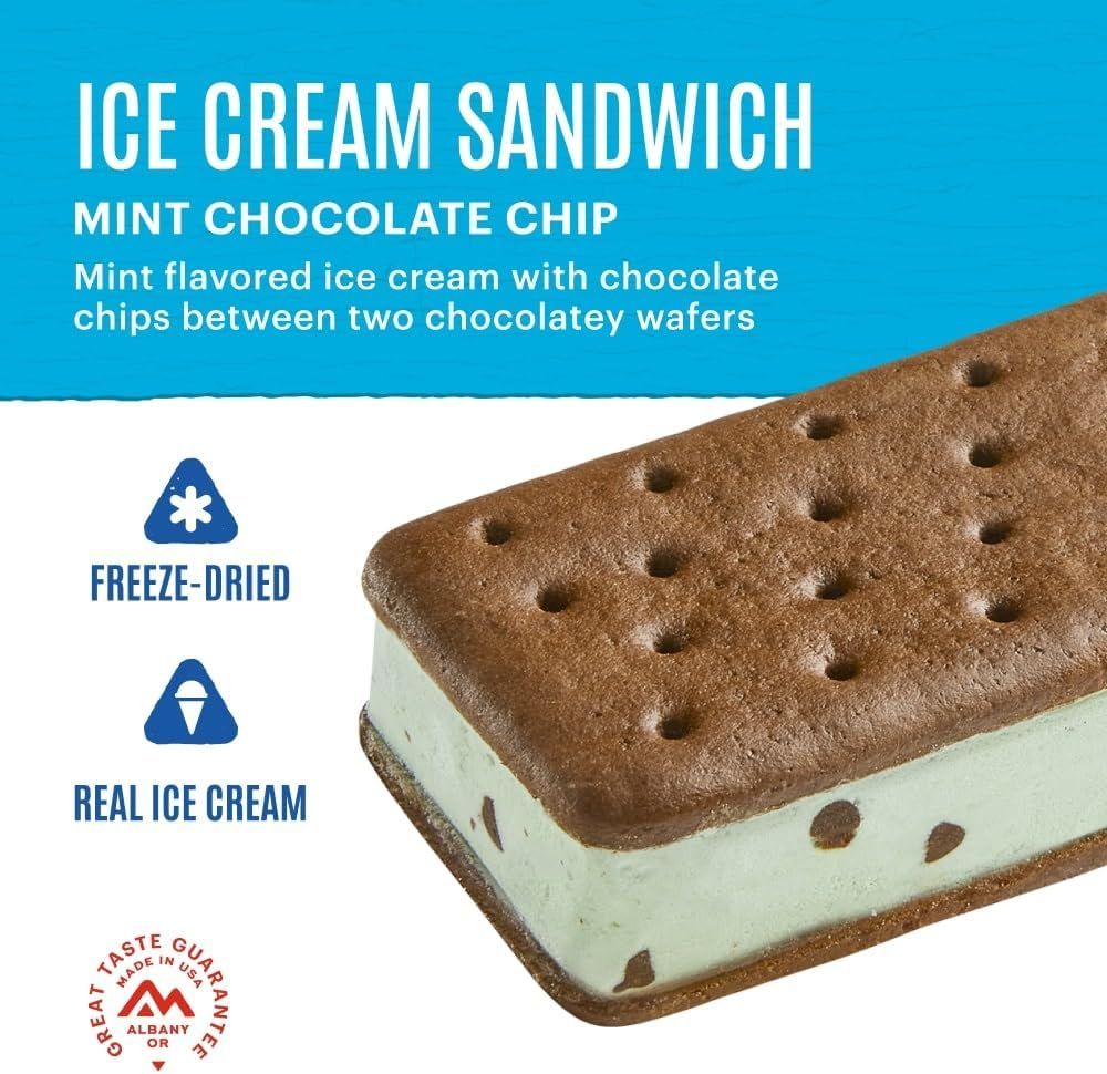 Communicates multiple distinct selling points of the ice cream sandwich: freeze-dried technology, real ice cream ingredients, and the specific flavor/composition, all presented in a visually…
