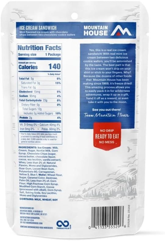 Communicates the convenience and mess-free nature of the freeze-dried ice cream sandwich, emphasizing it won't drip or stick to fingers, making it ideal for outdoor adventures and travel.