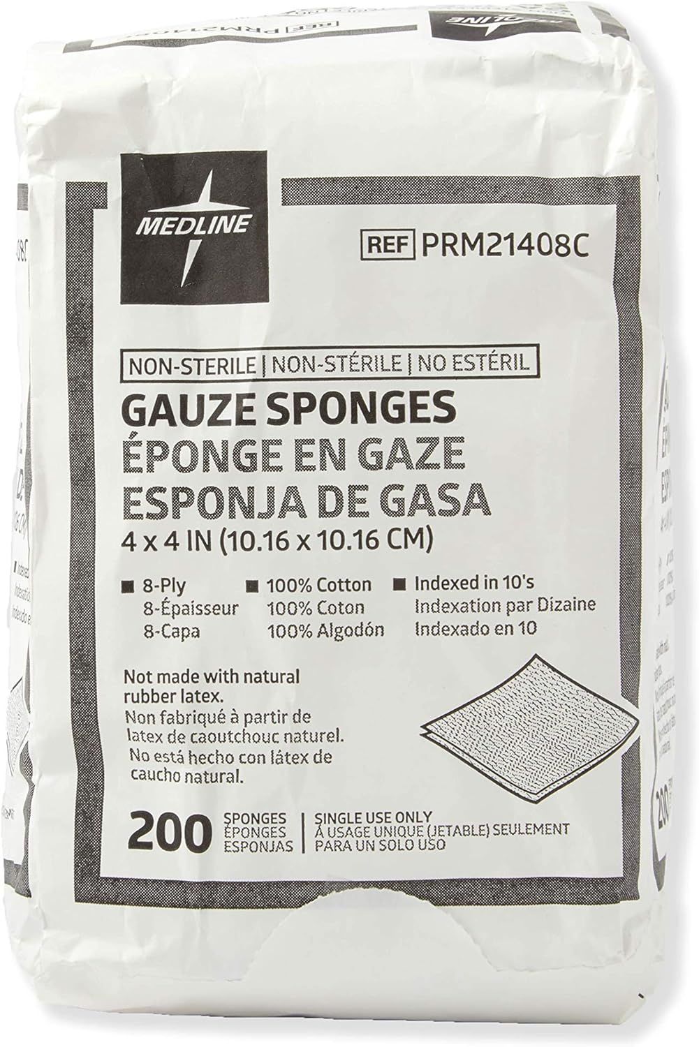 Communicates the quantity and key specifications of the gauze sponges included in the package, helping shoppers understand what they receive and the product's material quality.