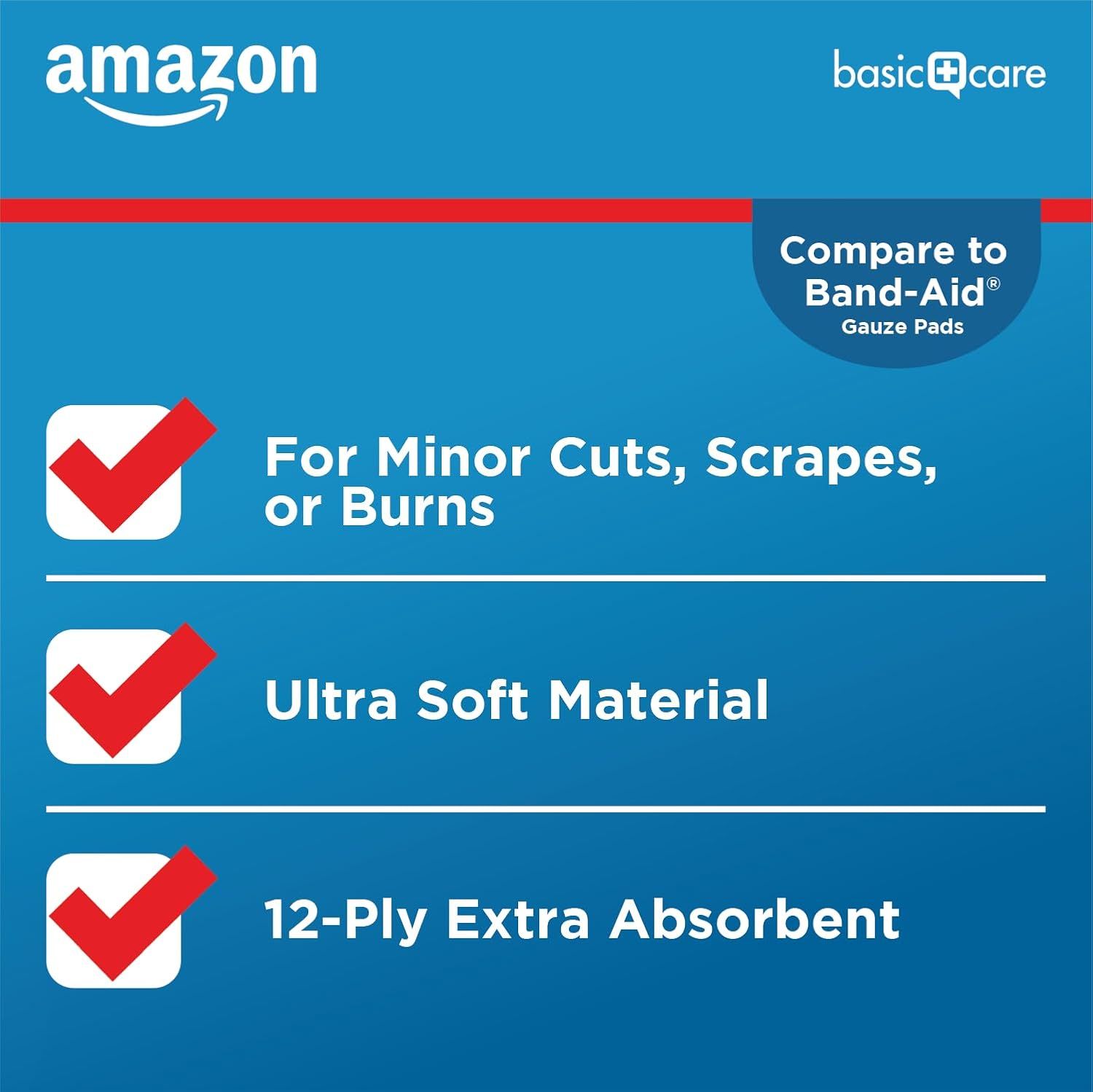 Communicates that this Amazon Basics product is comparable to the name-brand Band-Aid gauze pads, highlighting key features like softness, absorbency, and use cases to reassure shoppers of quality…