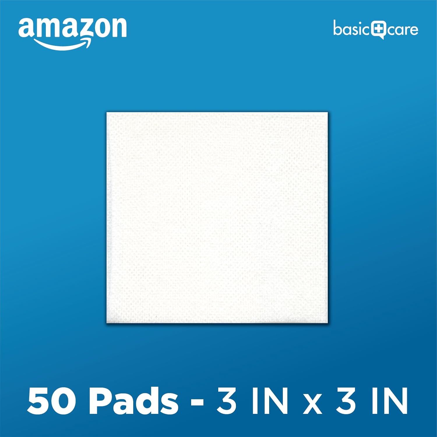 Communicates the package contents (50 pads) and the physical dimensions (3 IN x 3 IN) to help shoppers understand what they will receive and the size of each pad.