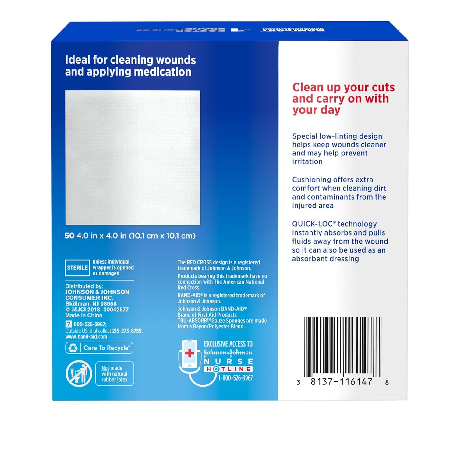 Communicates multiple distinct benefits of the gauze sponges including wound cleanliness, comfort, fluid absorption, and versatility to reassure shoppers of comprehensive wound care capabilities.