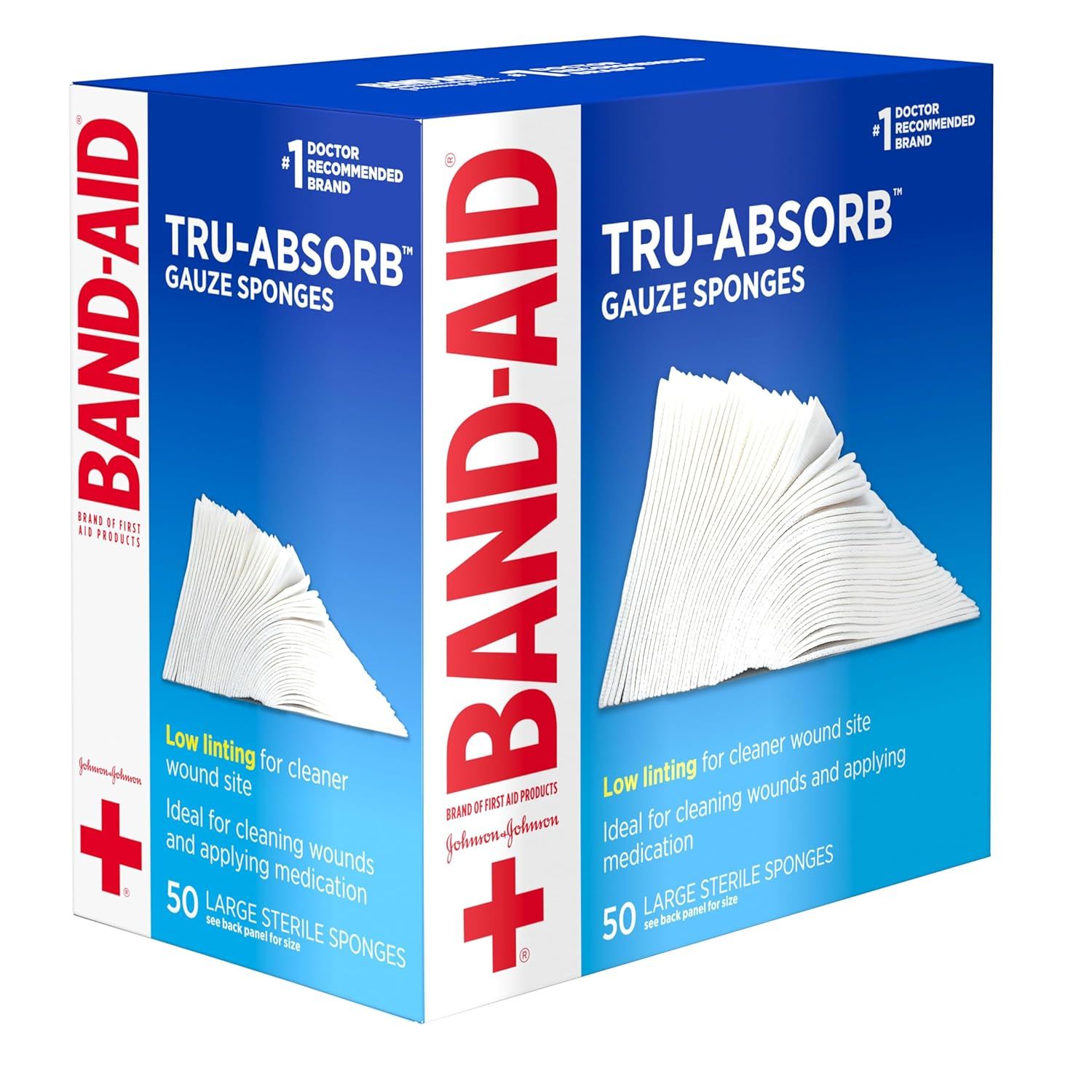 Shows the product packaging and quantity included (50 sterile gauze sponges) to help shoppers understand what they receive when purchasing this medical supply kit.