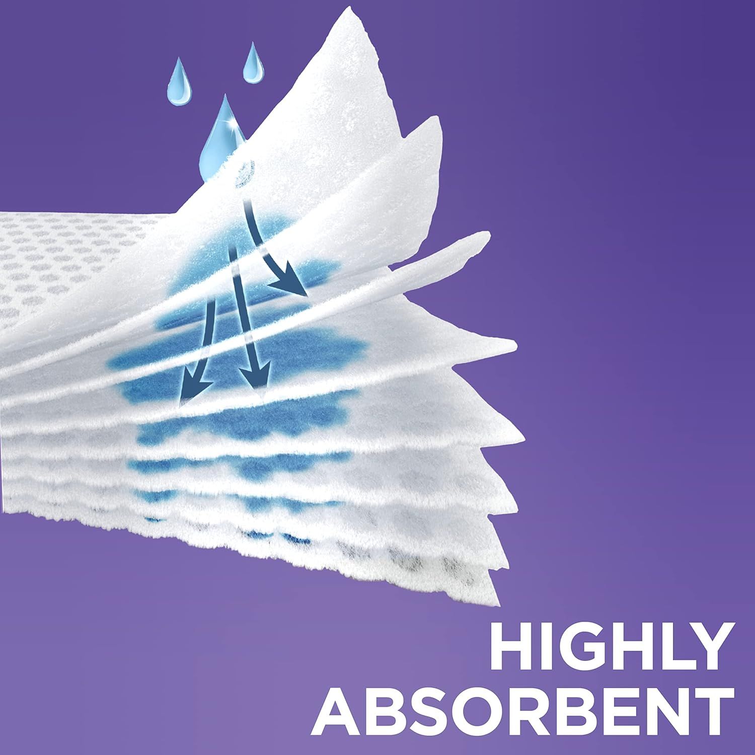 Demonstrates the product's superior absorbency by showing liquid being drawn into the paper towel layers, reassuring shoppers of its effectiveness at cleaning up spills.