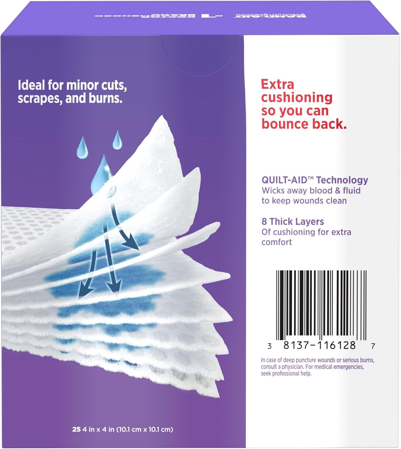 Breaks down the bandage's layered construction to show how it wicks away blood and fluid while providing cushioning, reassuring shoppers about the product's advanced design and comfort. Highlights…