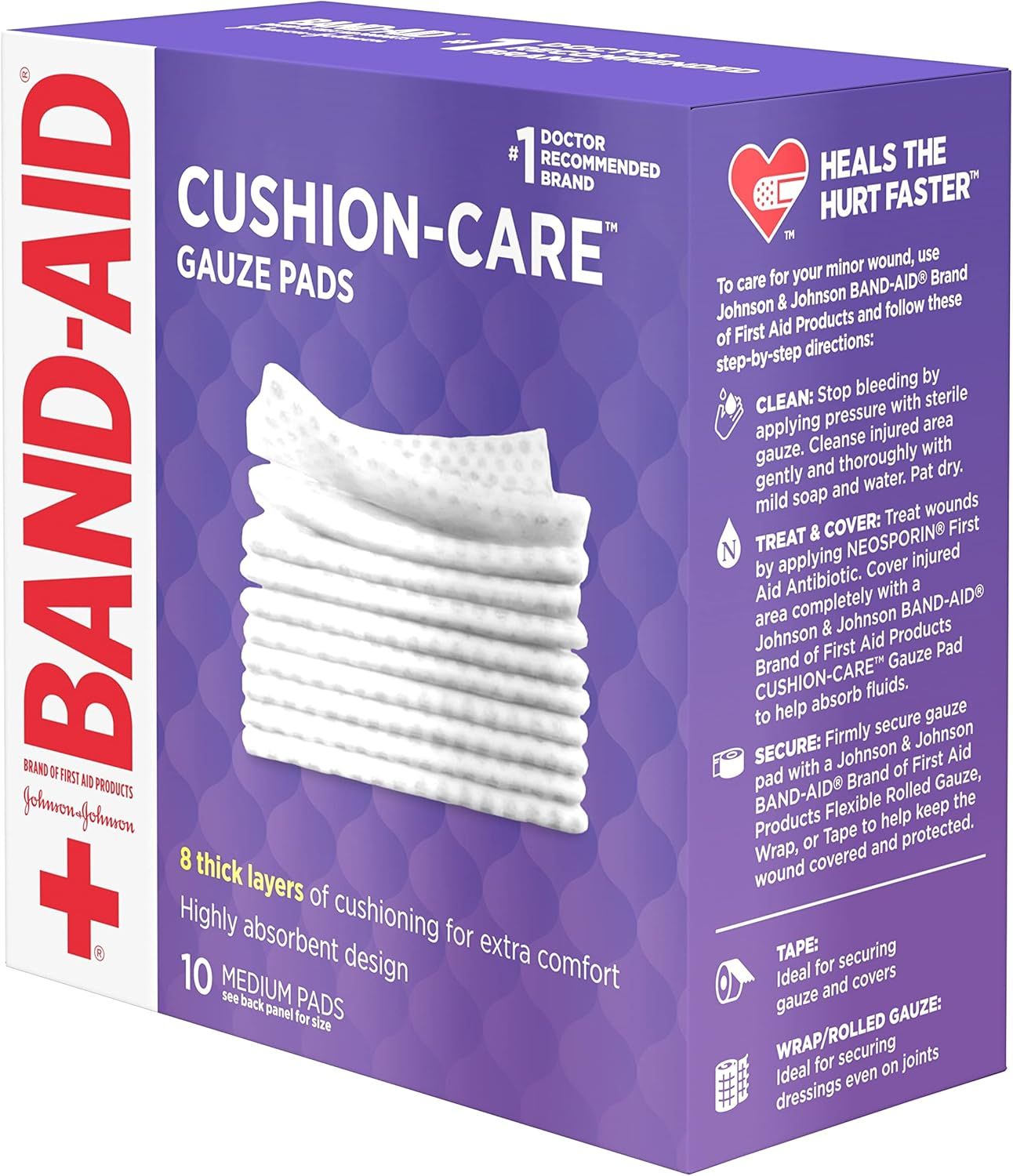 Educates shoppers on how to properly use the gauze pads for wound care through clear step-by-step directions (clean, treat & cover, secure, tape, wrap/rolled gauze). Highlights multiple distinct…