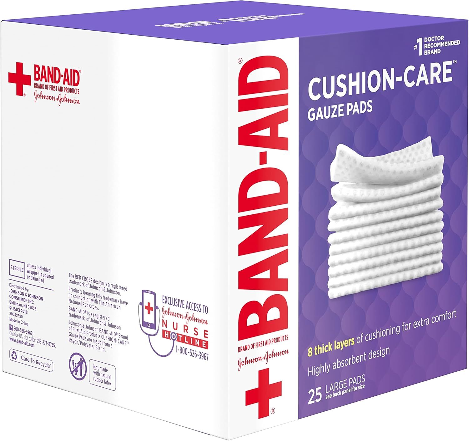 Provides a clean, catalog-style view of the Band-Aid Cushion-Care Gauze Pads packaging to show shoppers exactly what they will receive.
