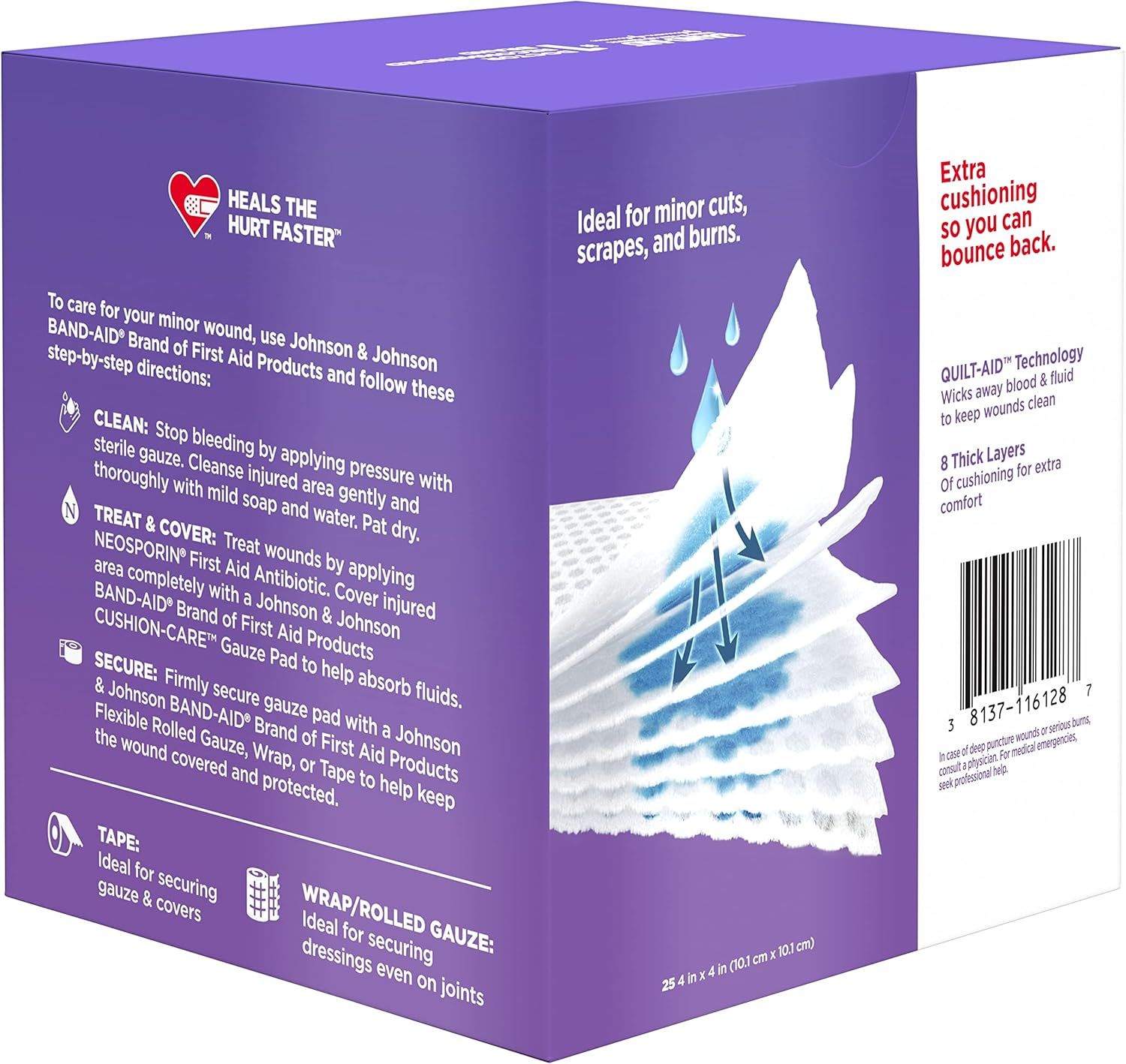 Communicates multiple distinct benefits of the bandage product including faster healing, cushioning, fluid-wicking technology, and thickness to reassure shoppers of comprehensive wound care.