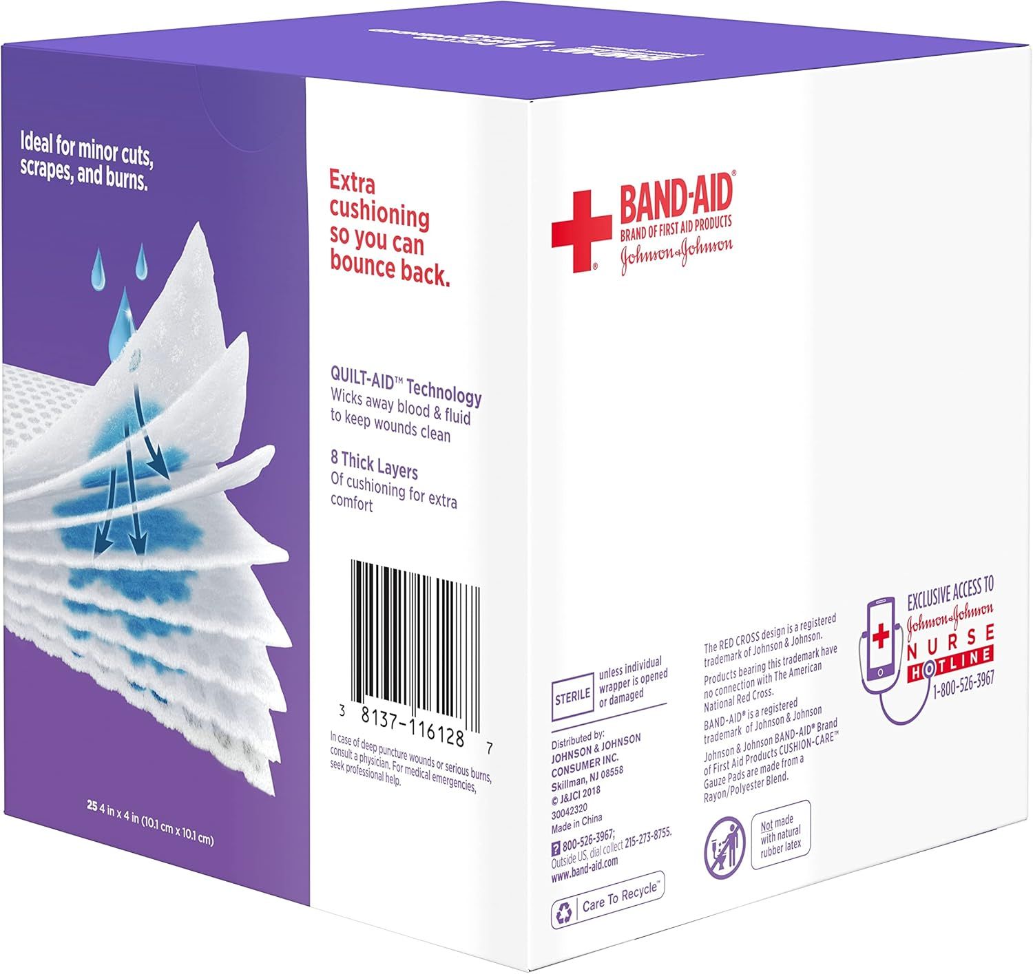 Communicates multiple distinct product benefits including cushioning comfort, fluid-wicking technology, and multi-layer construction to reassure shoppers of superior wound care performance.