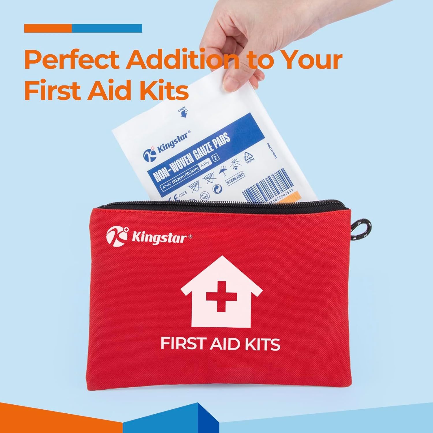 Communicates that this product (gauze pads) is designed to complement and fit perfectly into existing first aid kits, reassuring shoppers of its practical utility and compatibility.