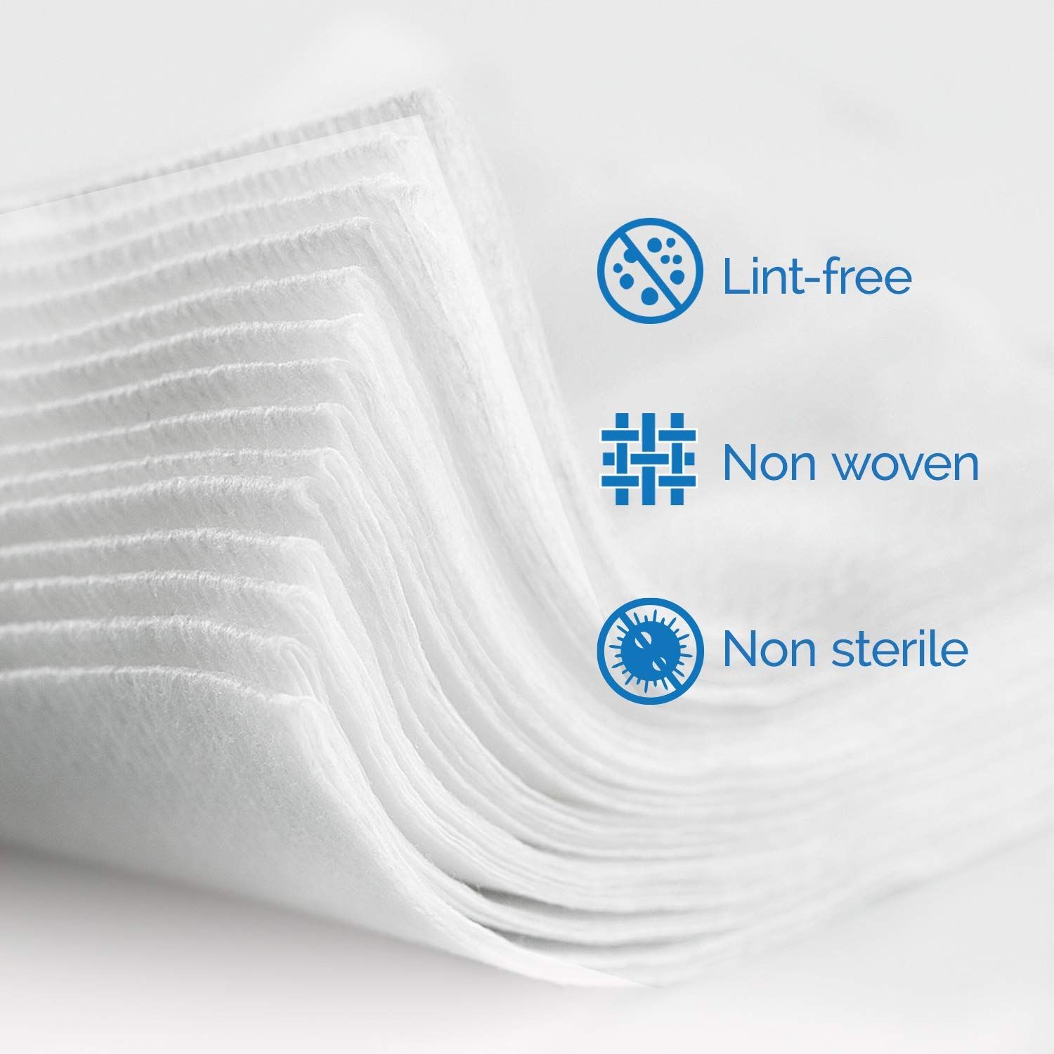 Communicates three distinct product characteristics (lint-free, non-woven, non-sterile) to inform shoppers about the material properties and quality features of the product.