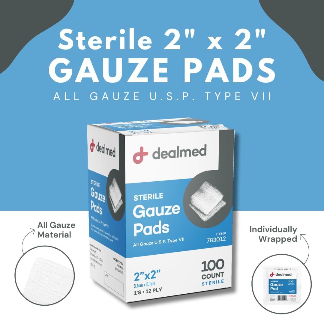 Communicates multiple key product features including the all-gauze construction, individual sterile packaging, and medical-grade specifications to reassure healthcare professionals and consumers of…