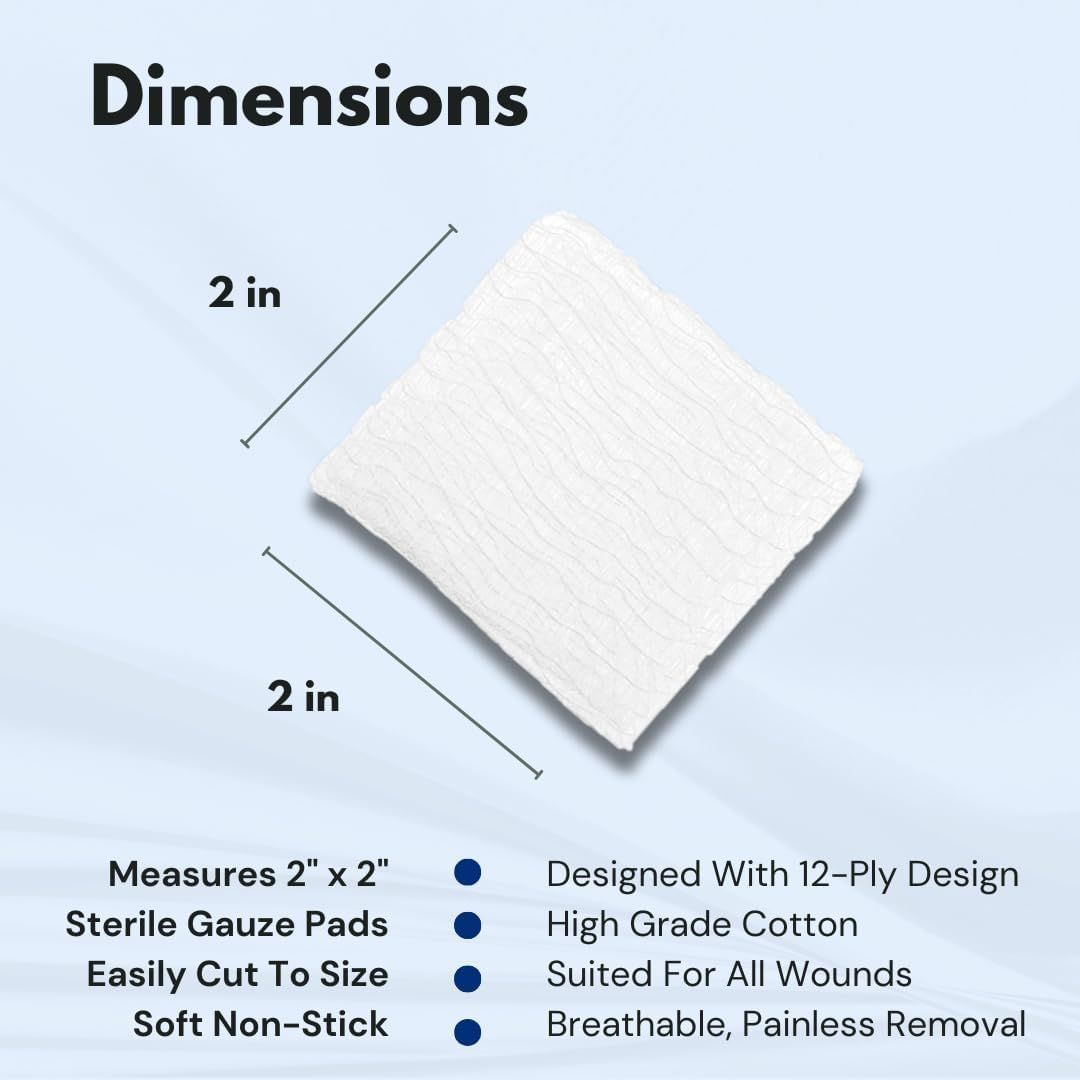 Communicates the exact physical size of the gauze pad (2 inches x 2 inches) to help shoppers understand the product's dimensions and suitability for their needs. Highlights multiple distinct product…