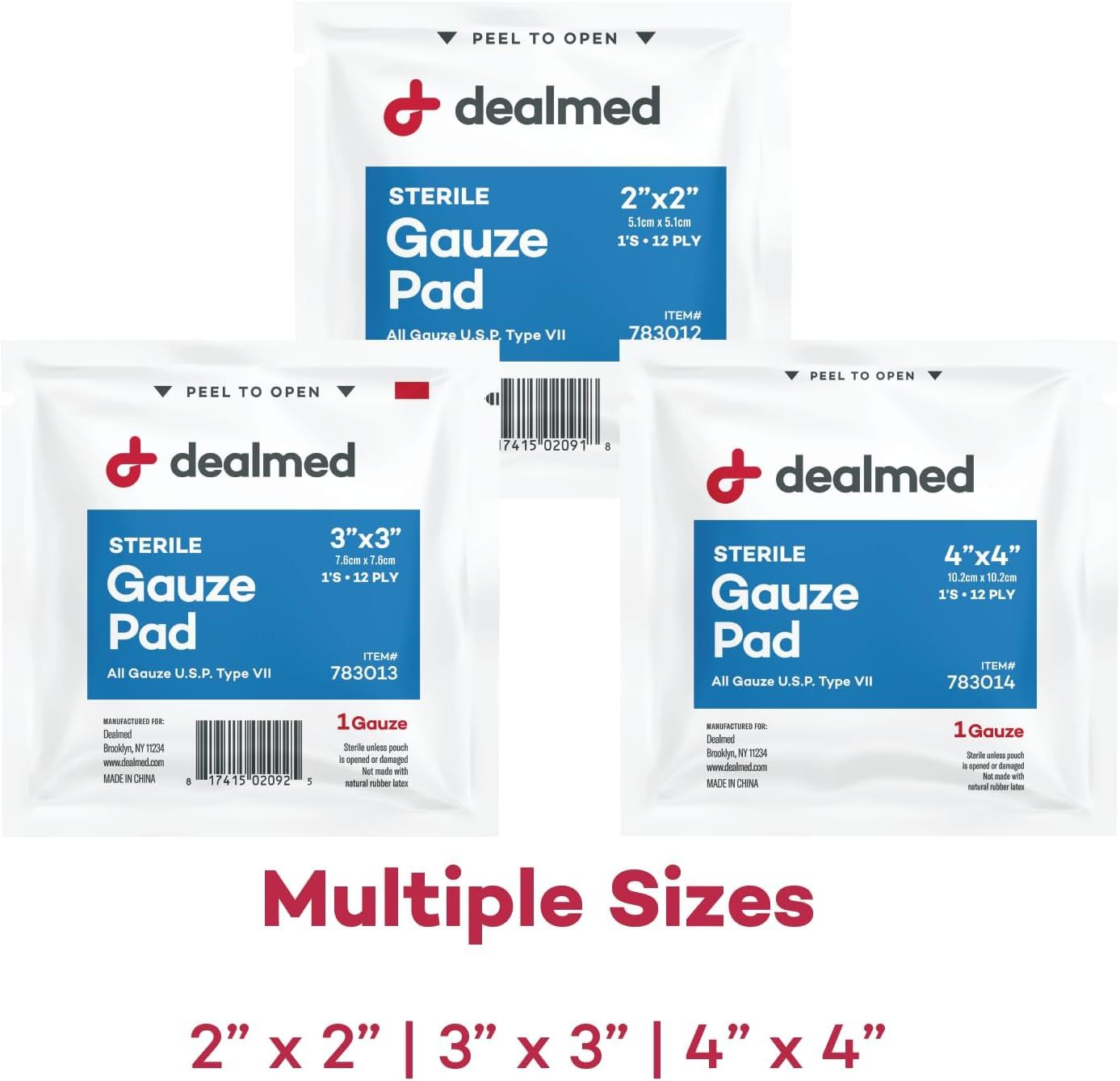Showcases the brand's product lineup by displaying three different size options of sterile gauze pads, helping shoppers understand the available size variants and choose the right one for their needs.