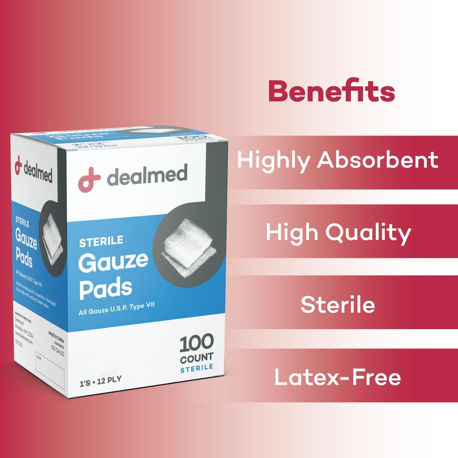 Communicates multiple key benefits of the gauze pads in a segmented layout to reassure shoppers of the product's quality, safety, and performance features.