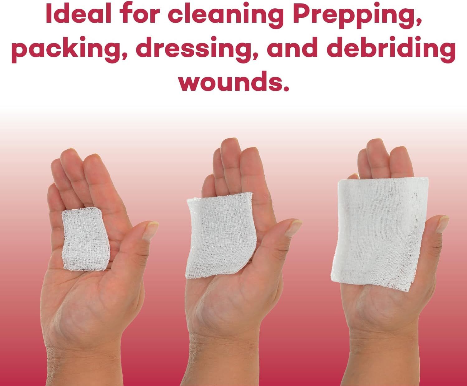 Demonstrates the versatility of the gauze product by showing it can be used for cleaning, prepping, packing, dressing, and debriding wounds across multiple medical scenarios.