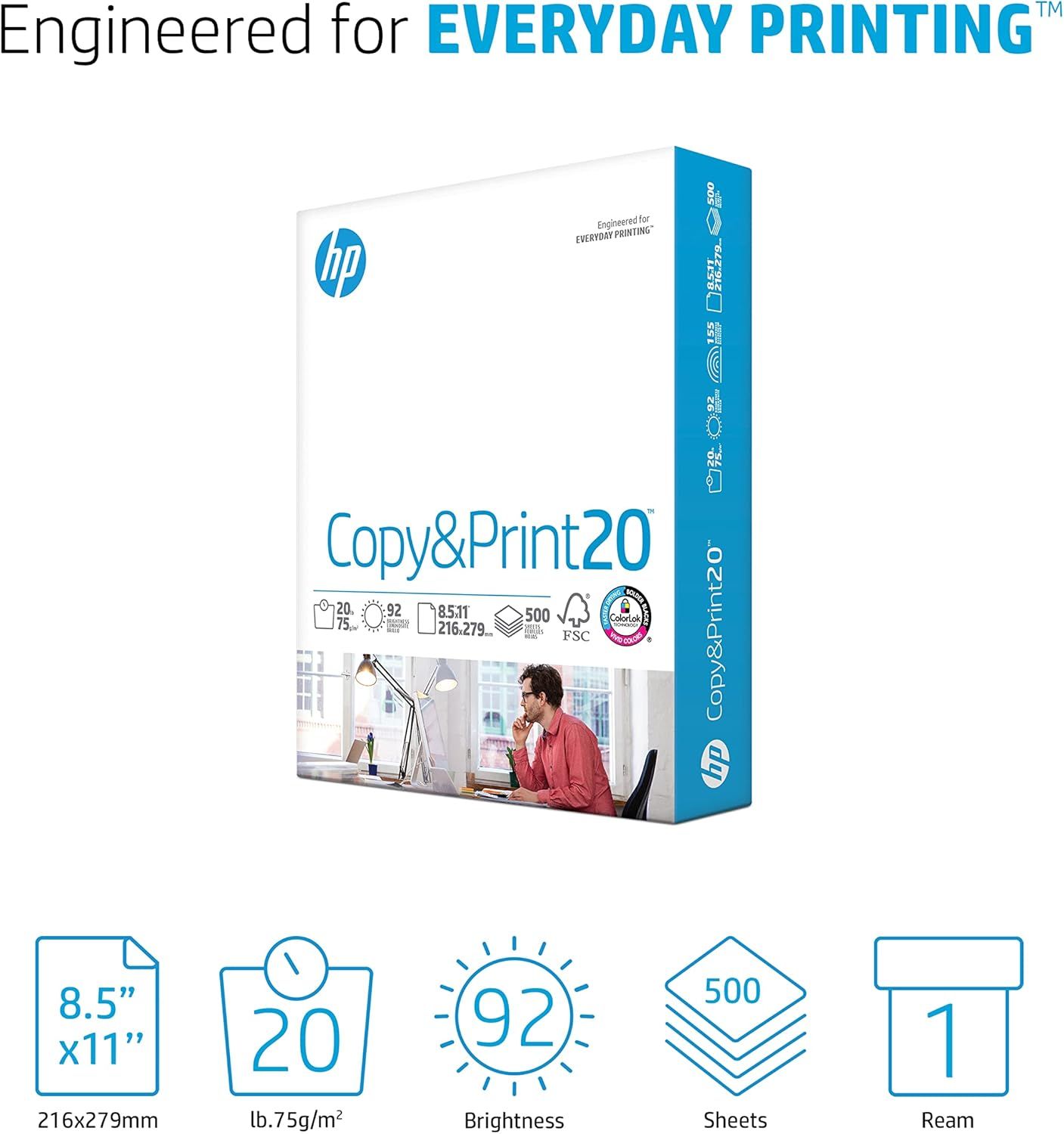 Communicates the key specifications of the HP Copy & Print paper in a visually segmented layout, helping shoppers quickly understand the product's size, weight, brightness, capacity, and packaging…