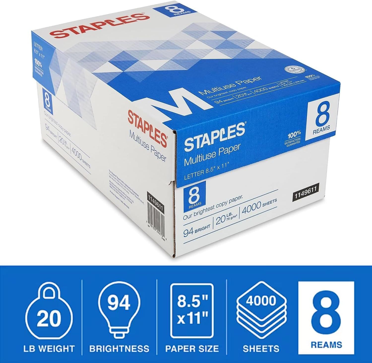 Communicates multiple key product specifications in a visually segmented icon layout to help shoppers quickly understand the paper's weight, brightness, size, total sheets, and package quantity.