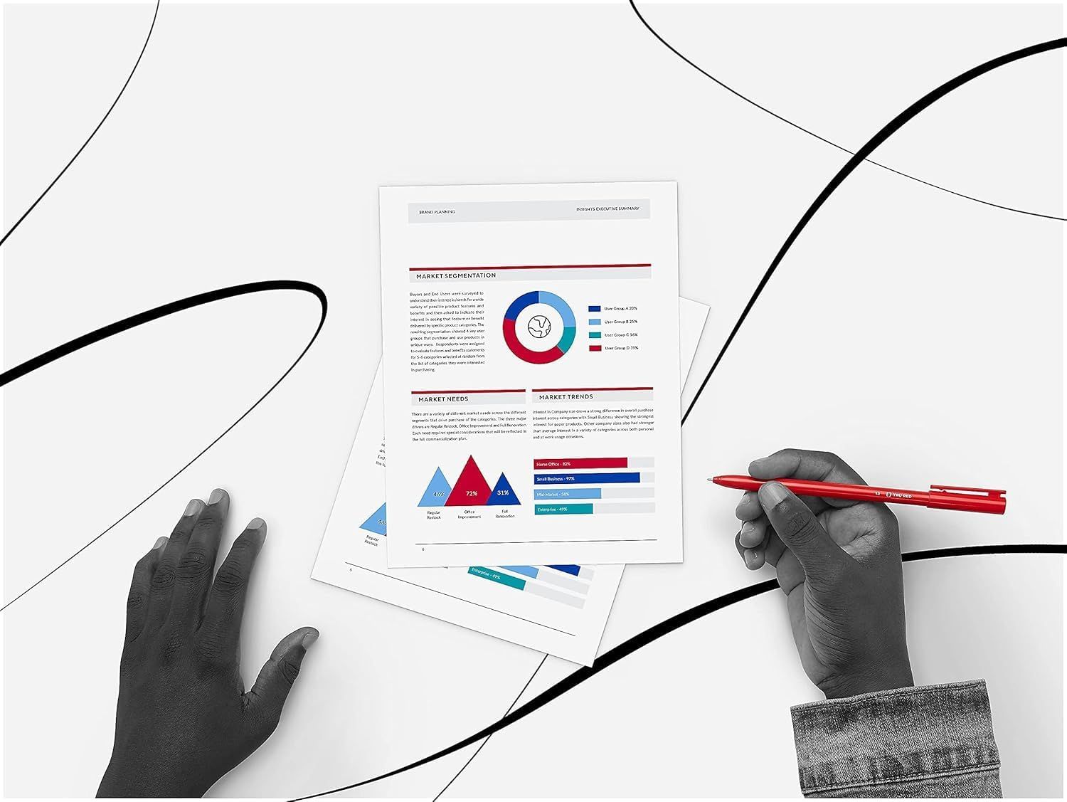 This image uses an authentic, DIY-style photograph to show the product (business reports or planning documents) being used in a real work setting, building trust through relatable user-generated…