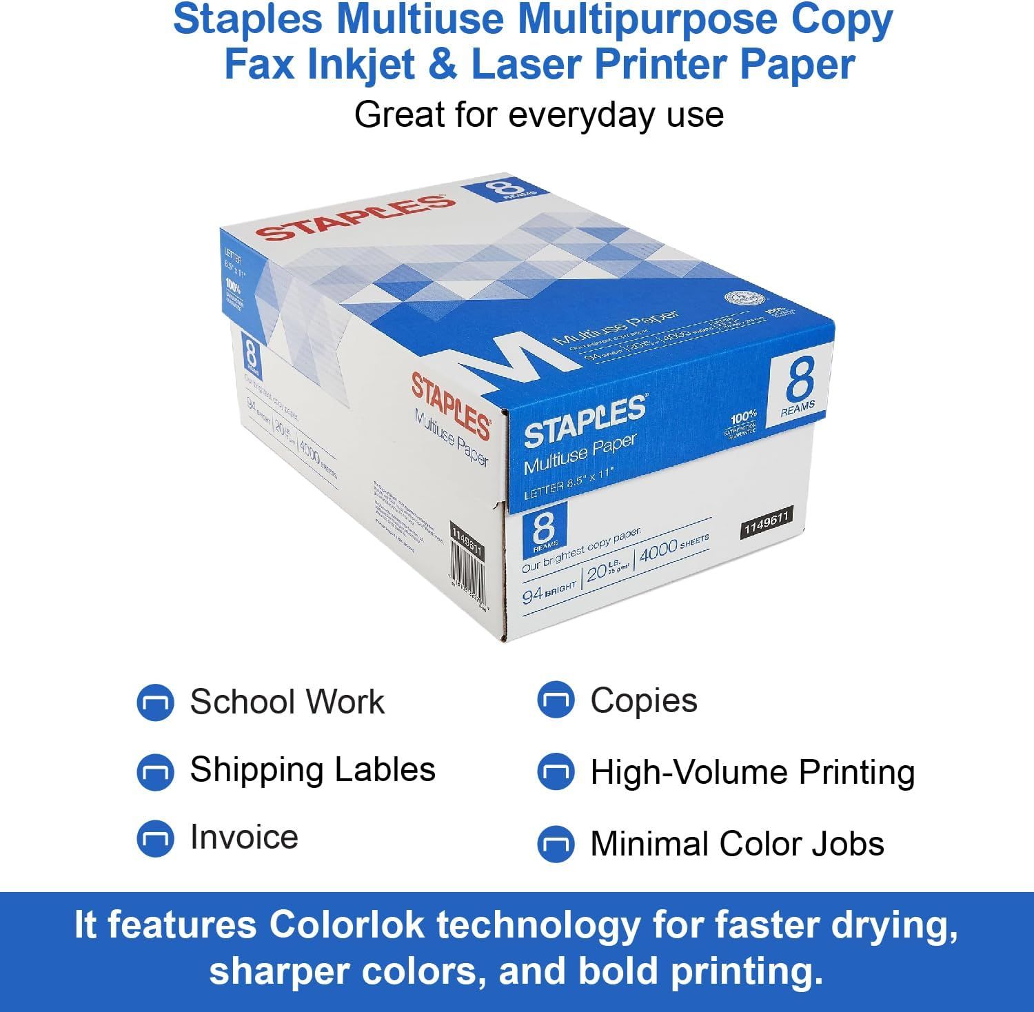 Demonstrates the versatility of the printer paper by showing six different use cases where the product is effective, reassuring shoppers that it meets diverse everyday printing needs. Highlights the…