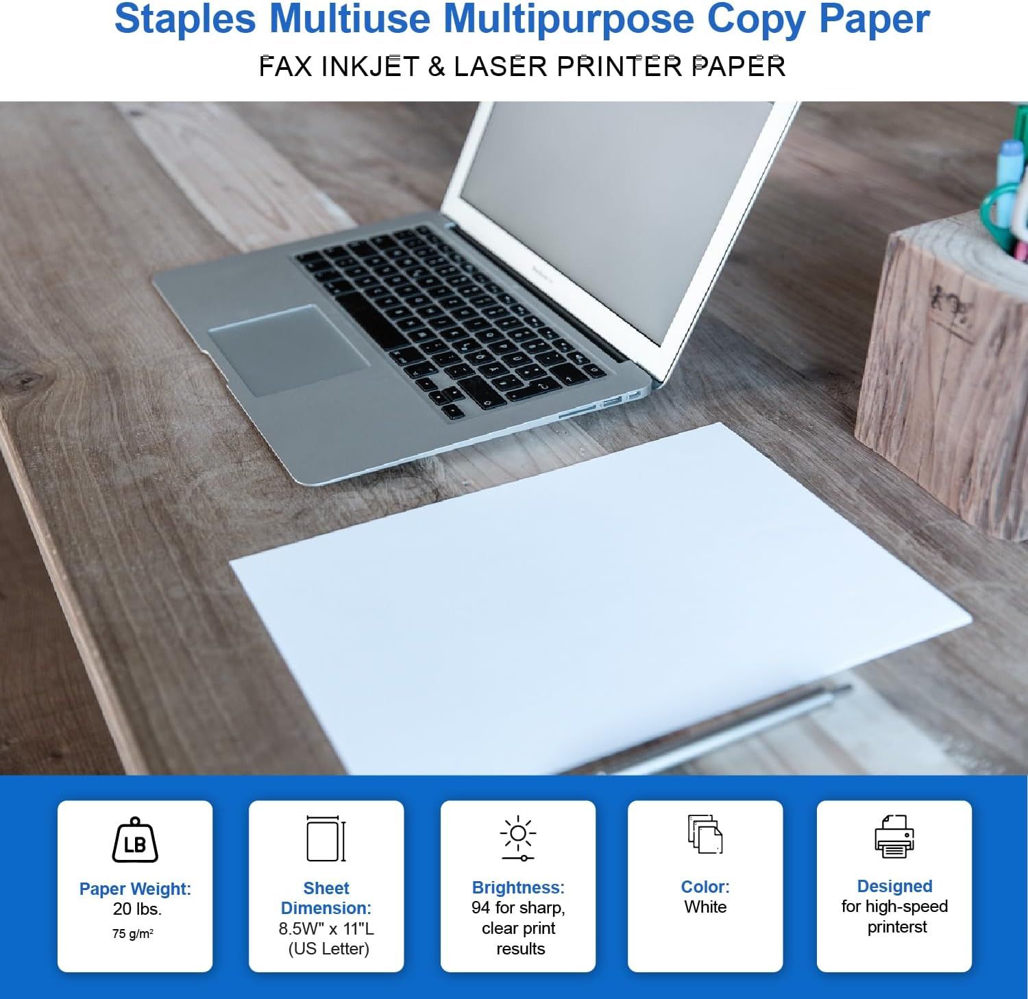 Communicates multiple key specifications and benefits of the copy paper in a segmented layout to help shoppers quickly understand the product's technical features and performance capabilities.