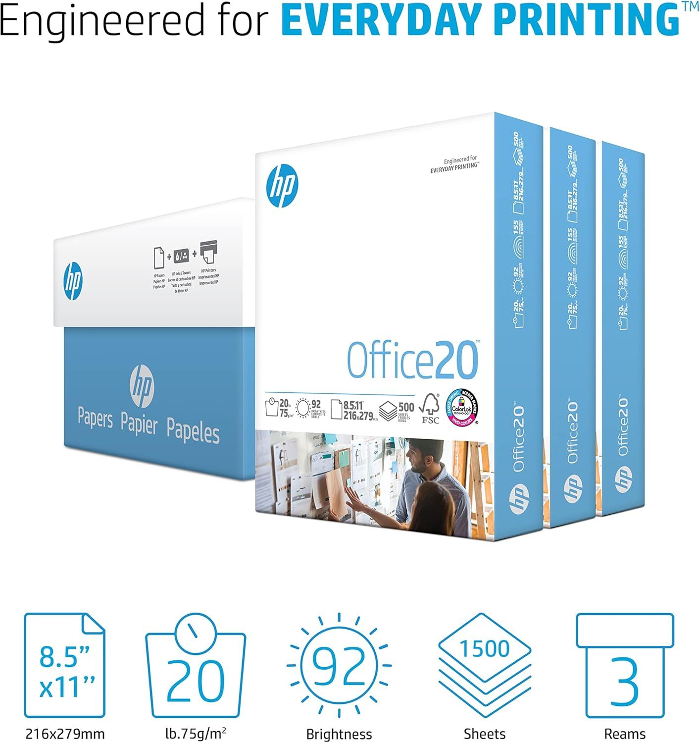 Communicates multiple key specifications of the HP Office20 paper product in a segmented icon layout to help shoppers quickly understand the product's technical features and quantity.