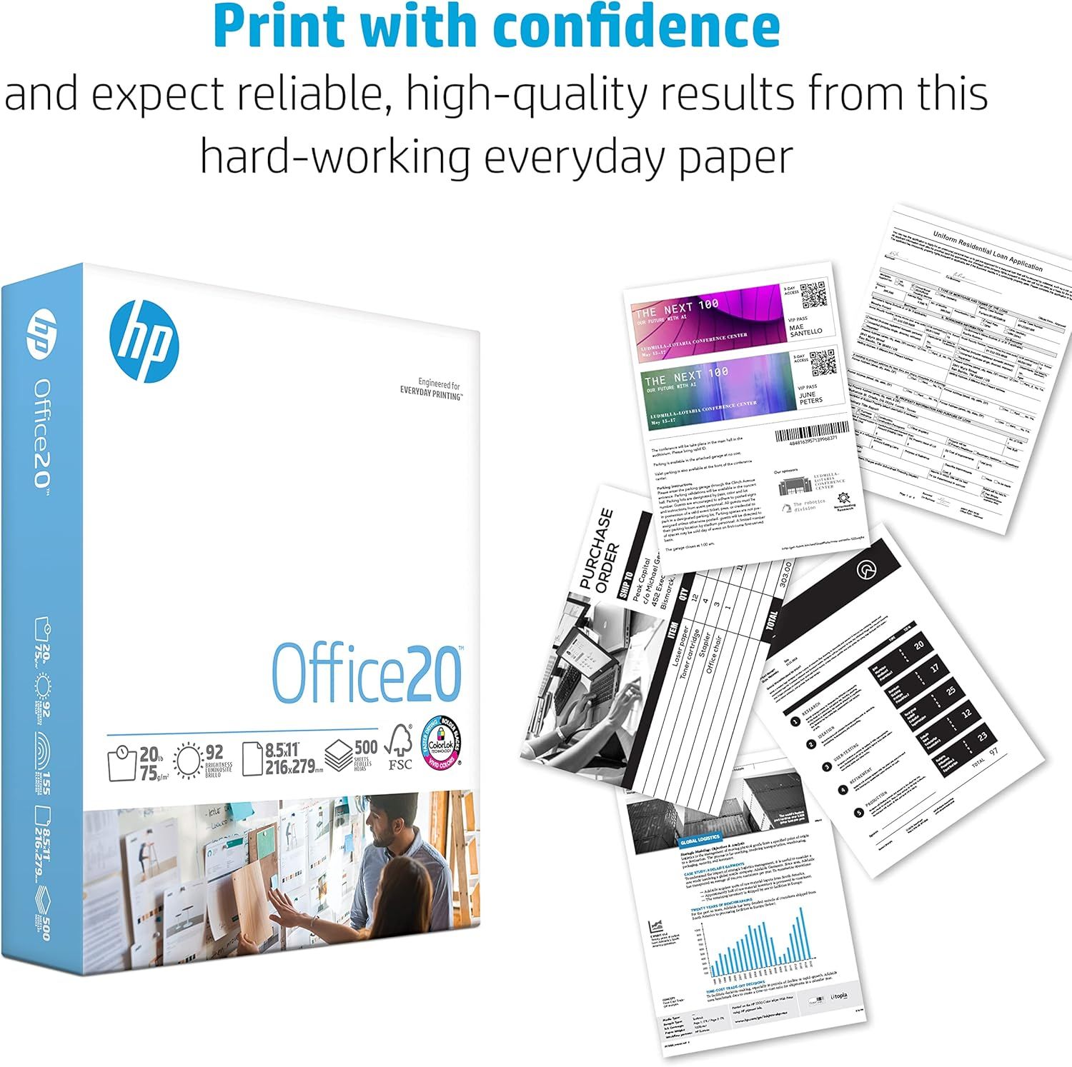 Communicates that this HP Office20 paper delivers reliable, high-quality printing across multiple everyday document types, from tickets to forms to reports, reassuring shoppers of its versatility…