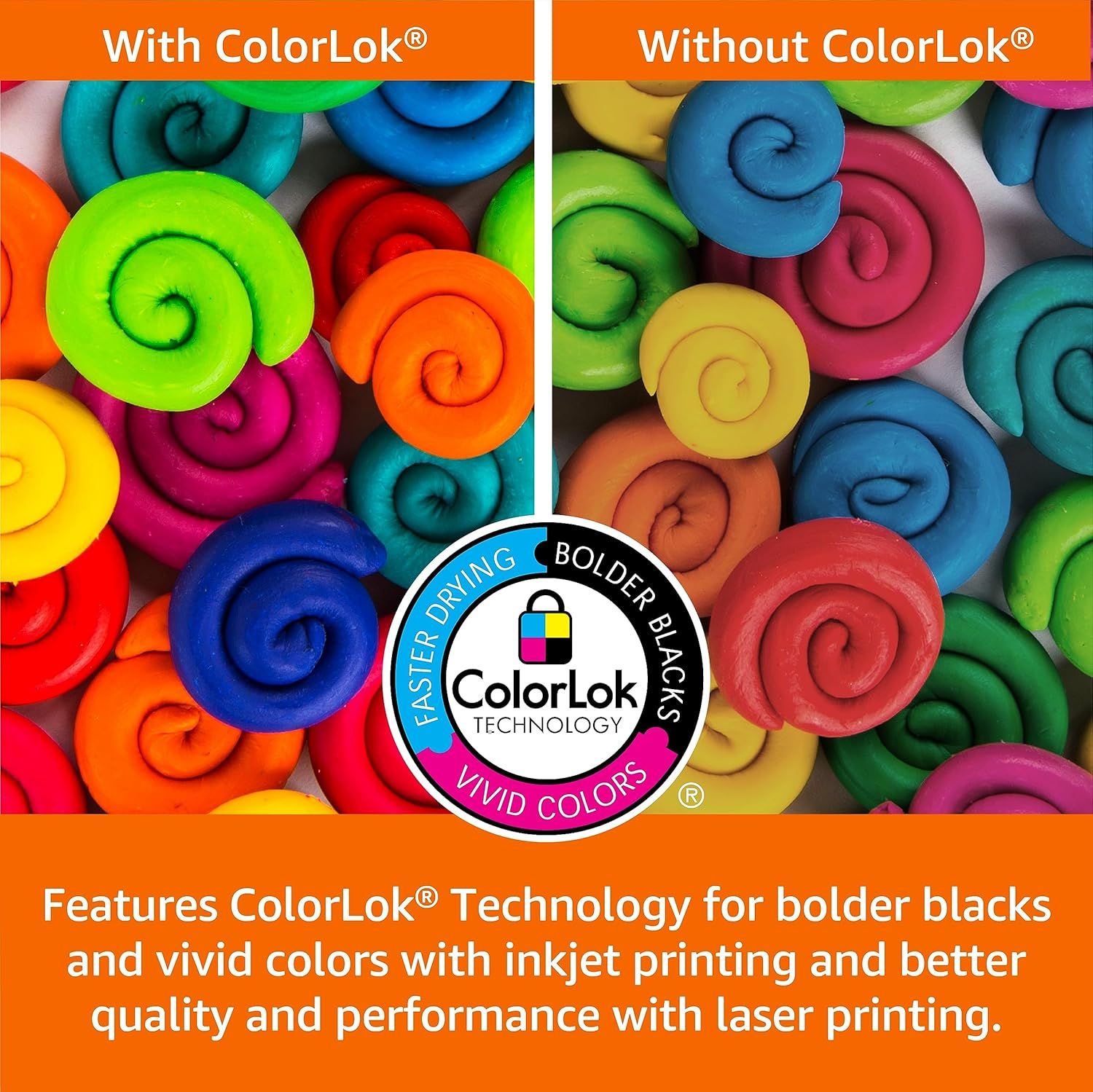 Demonstrates the visual transformation and superior print quality achieved with ColorLok Technology, showing bolder blacks and more vivid colors compared to paper without the technology.