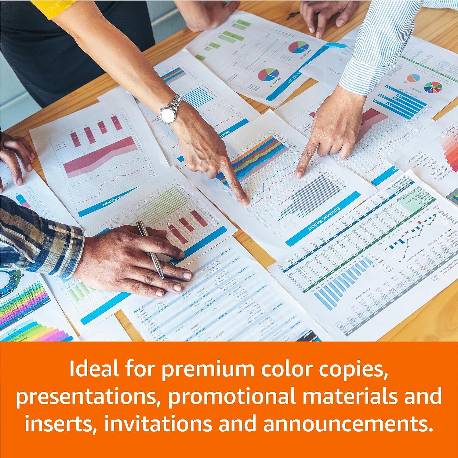 Demonstrates the versatility of the product by showing multiple applications including premium color copies, presentations, promotional materials, inserts, invitations, and announcements to help…