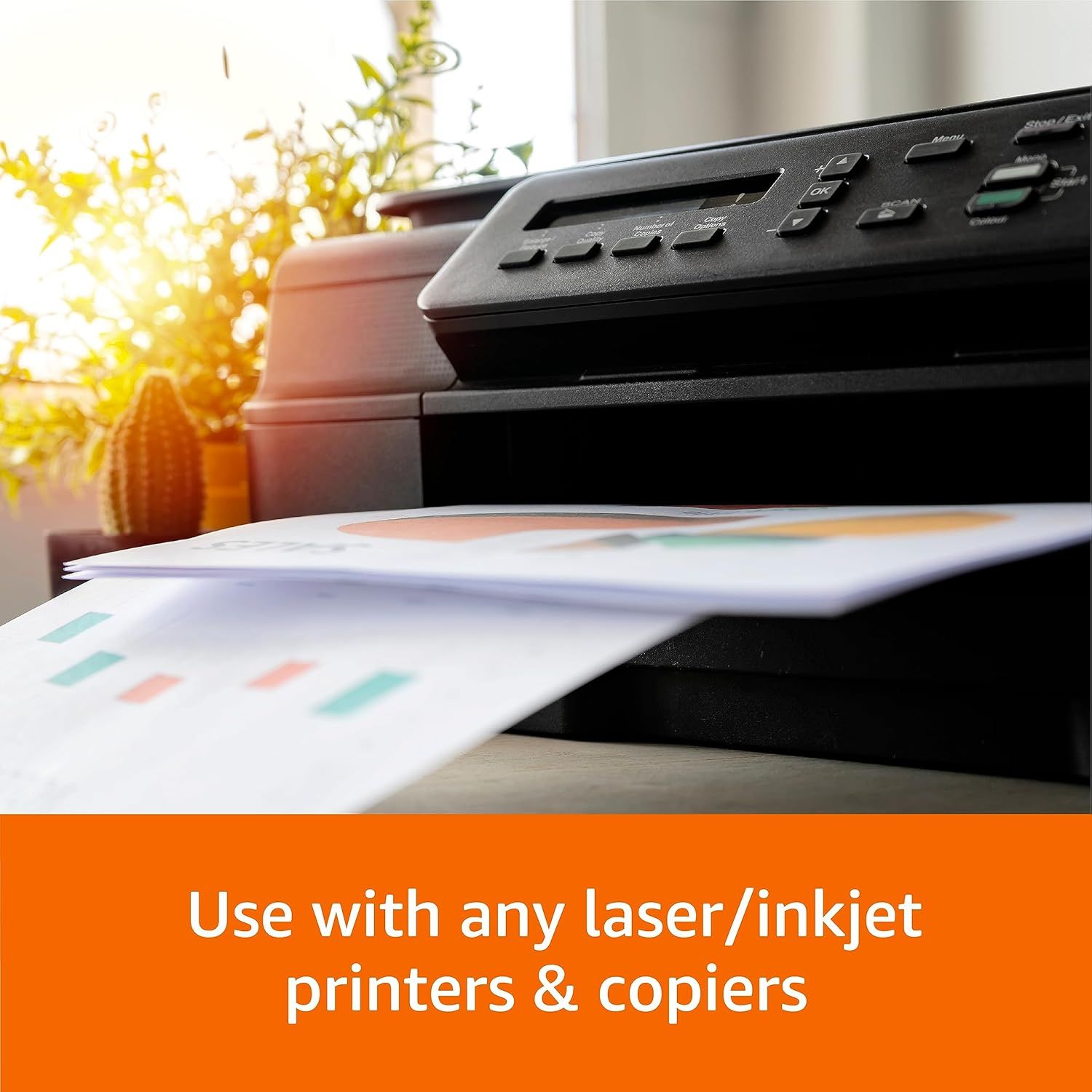 Reassures shoppers that the product works with any laser or inkjet printer and copier, removing compatibility concerns and emphasizing versatility. Communicates the key benefit that the product is…