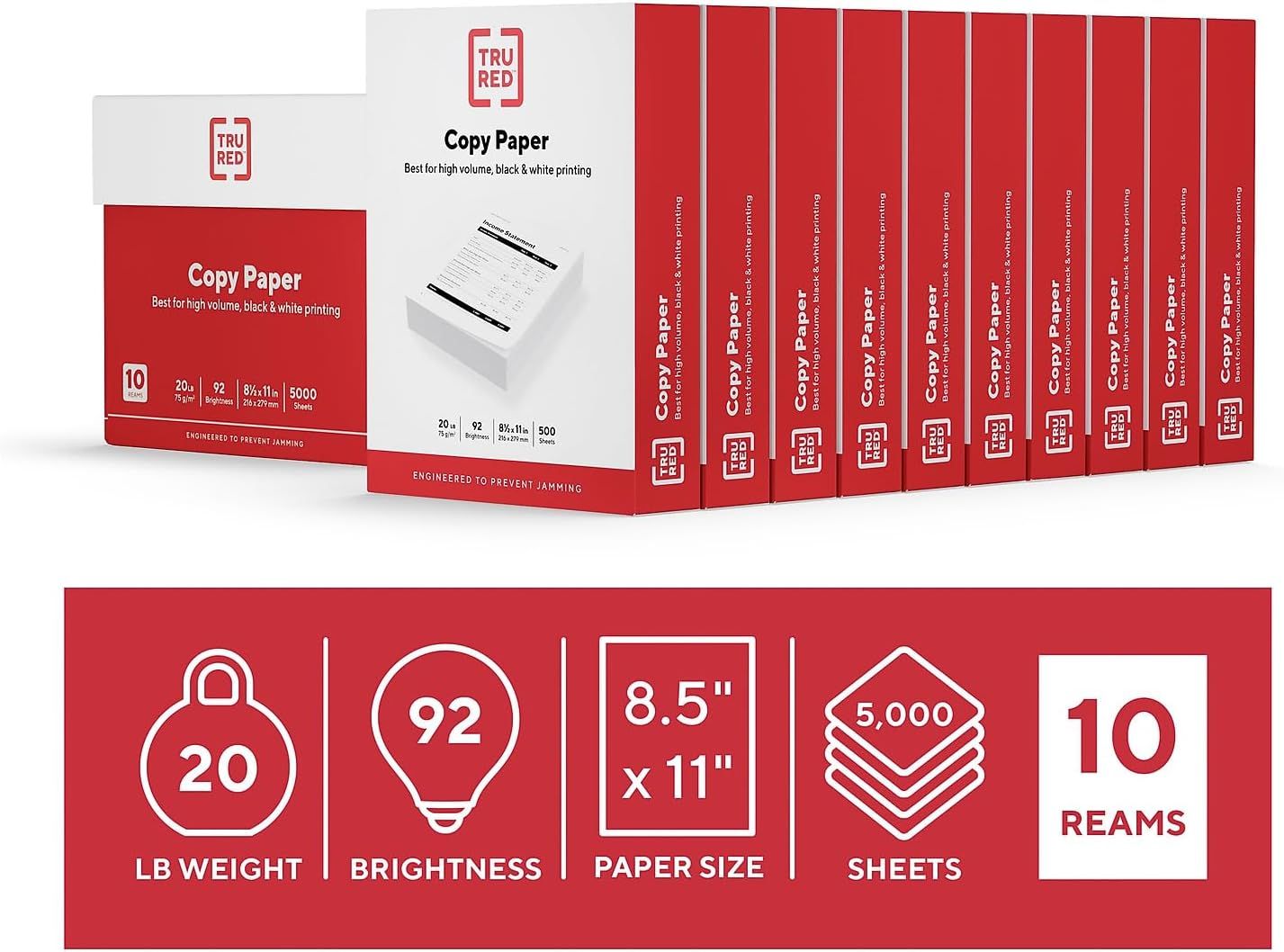 Communicates multiple key product specifications in a visually segmented layout to help shoppers quickly understand the paper's weight, brightness, size, quantity, and packaging format.